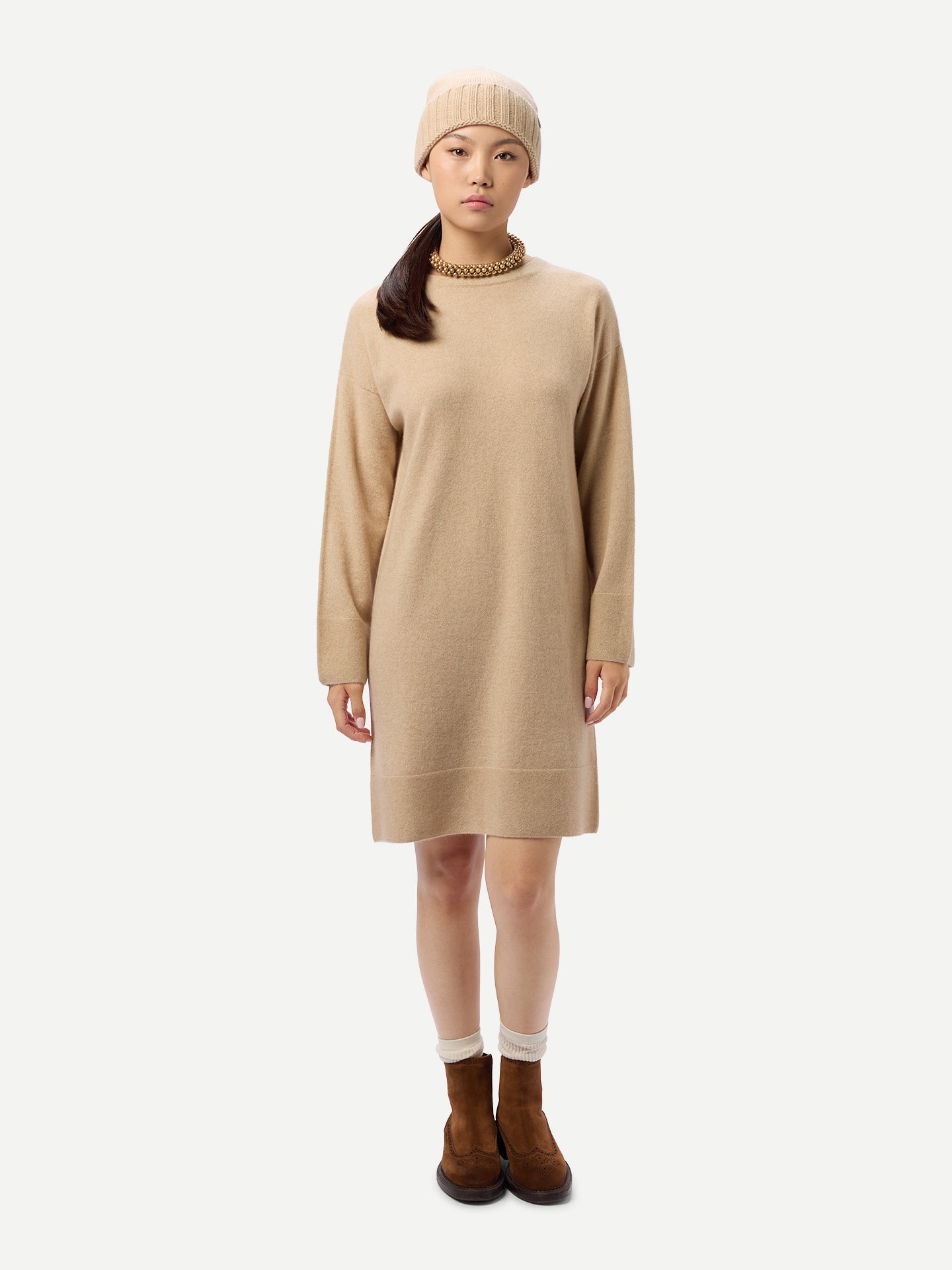Robe en Cachemire Sans Coutures à Col Rond Couleur Organique
