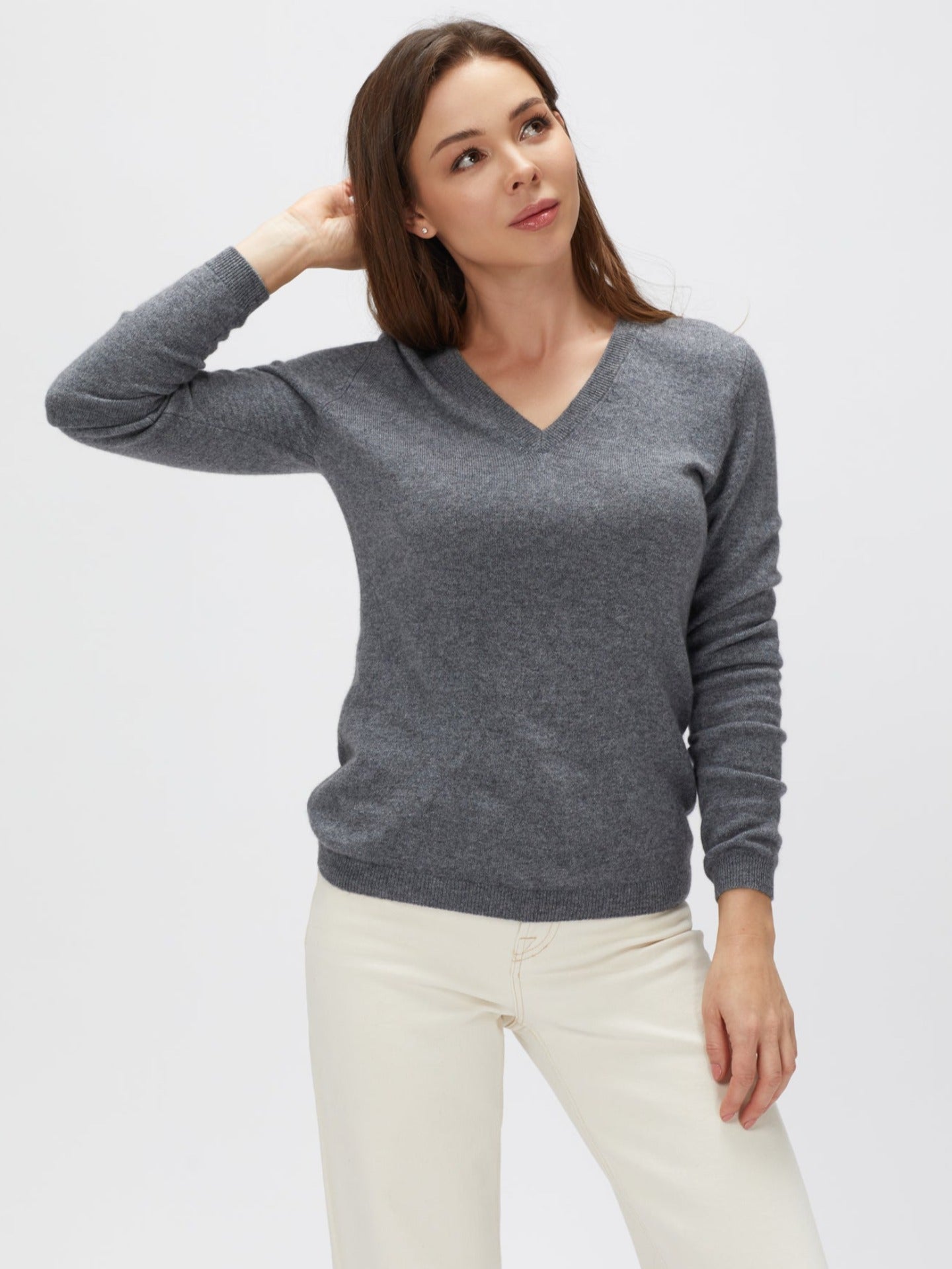 Pull col en V en Cachemire pour femmes Gris - Gobi Cashmere