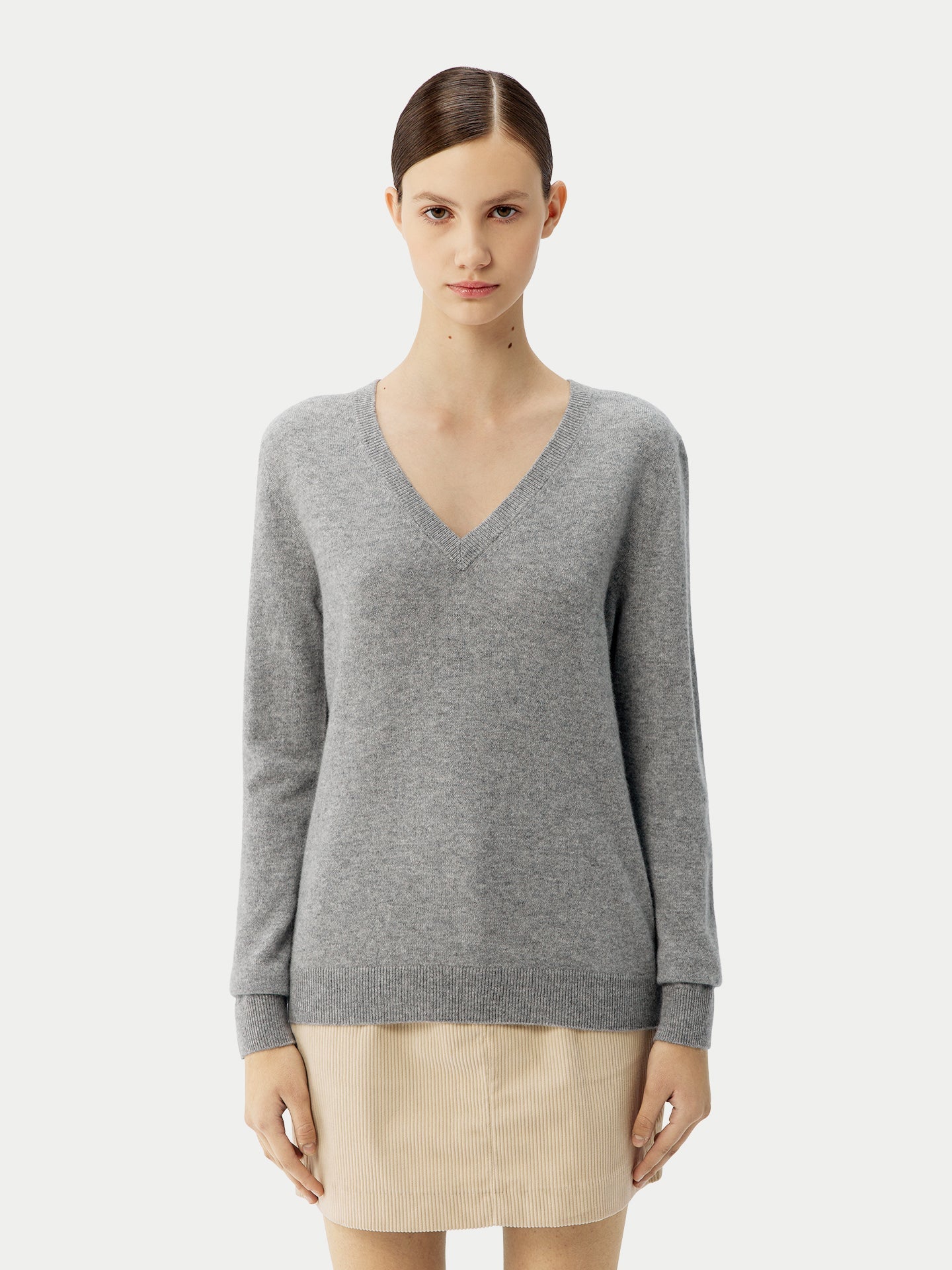 Pull col en V en Cachemire pour femmes Gris - Gobi Cashmere