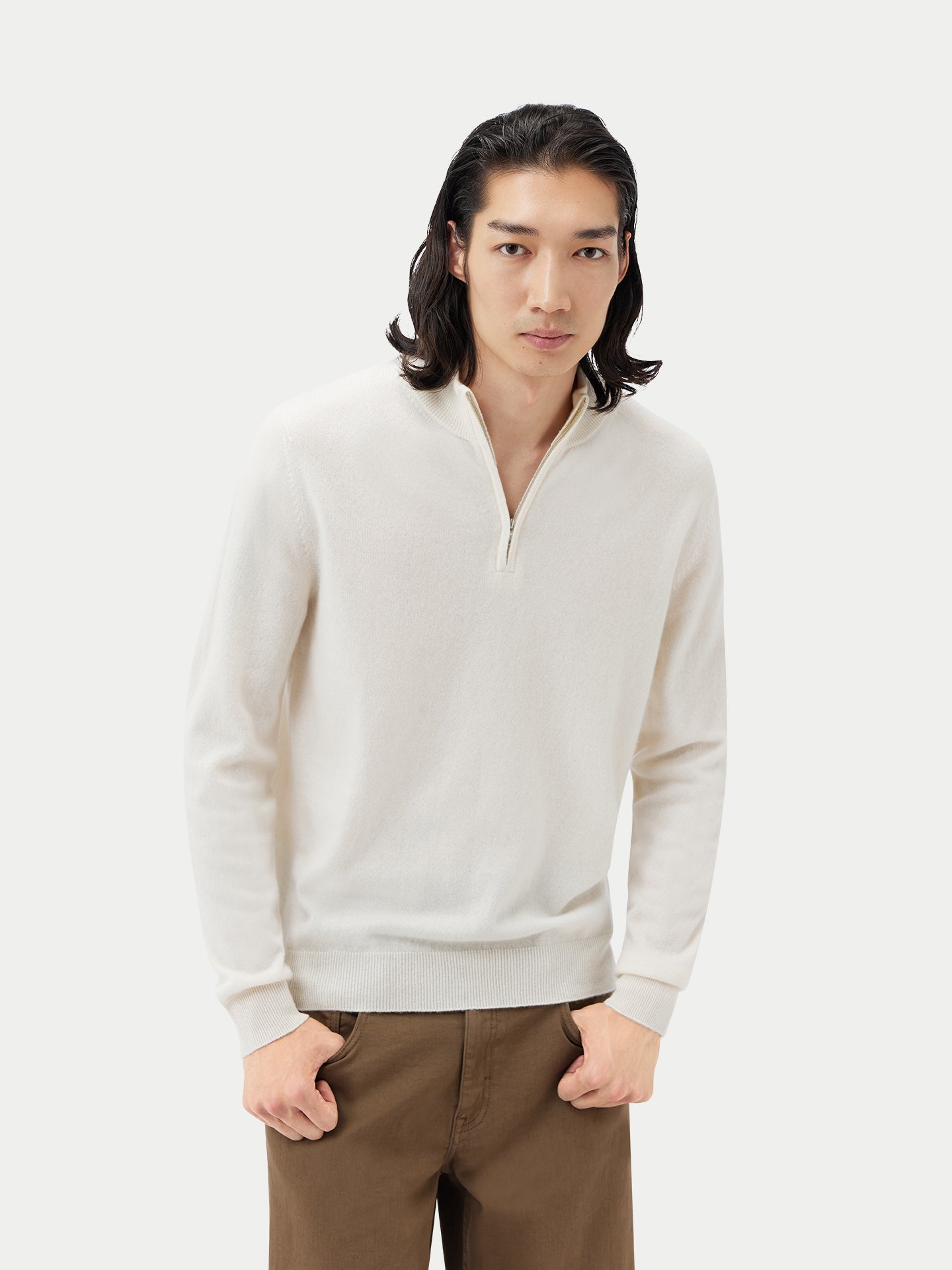 Pull polo demi en Cachemire pour hommes Blanc - Gobi Cashmere