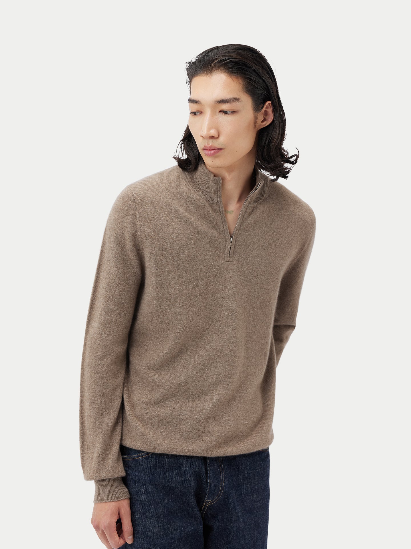 Pull polo demi en Cachemire pour hommes Taupe - Gobi Cashmere