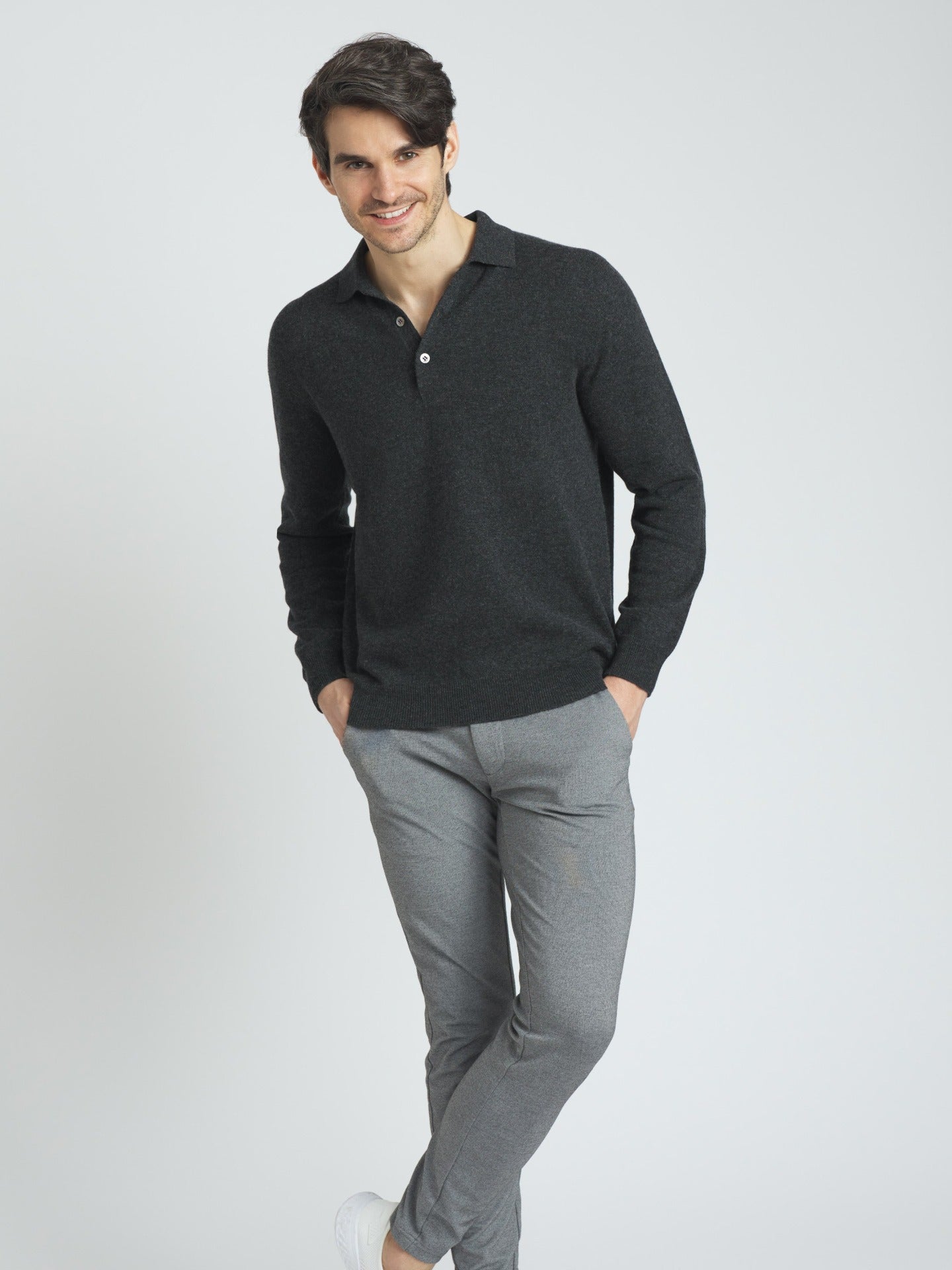 Pull col polo en Cachemire pour hommes Gris - Gobi Cashmere