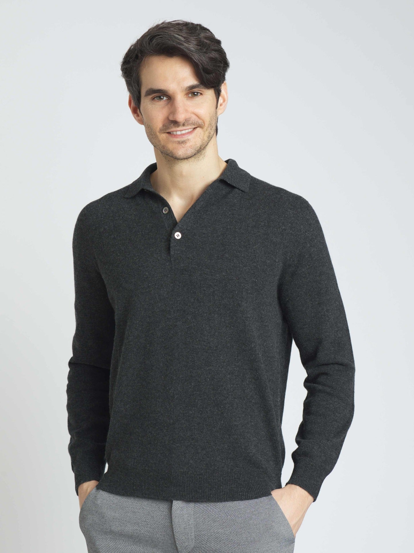 Pull col polo en Cachemire pour hommes Gris - Gobi Cashmere