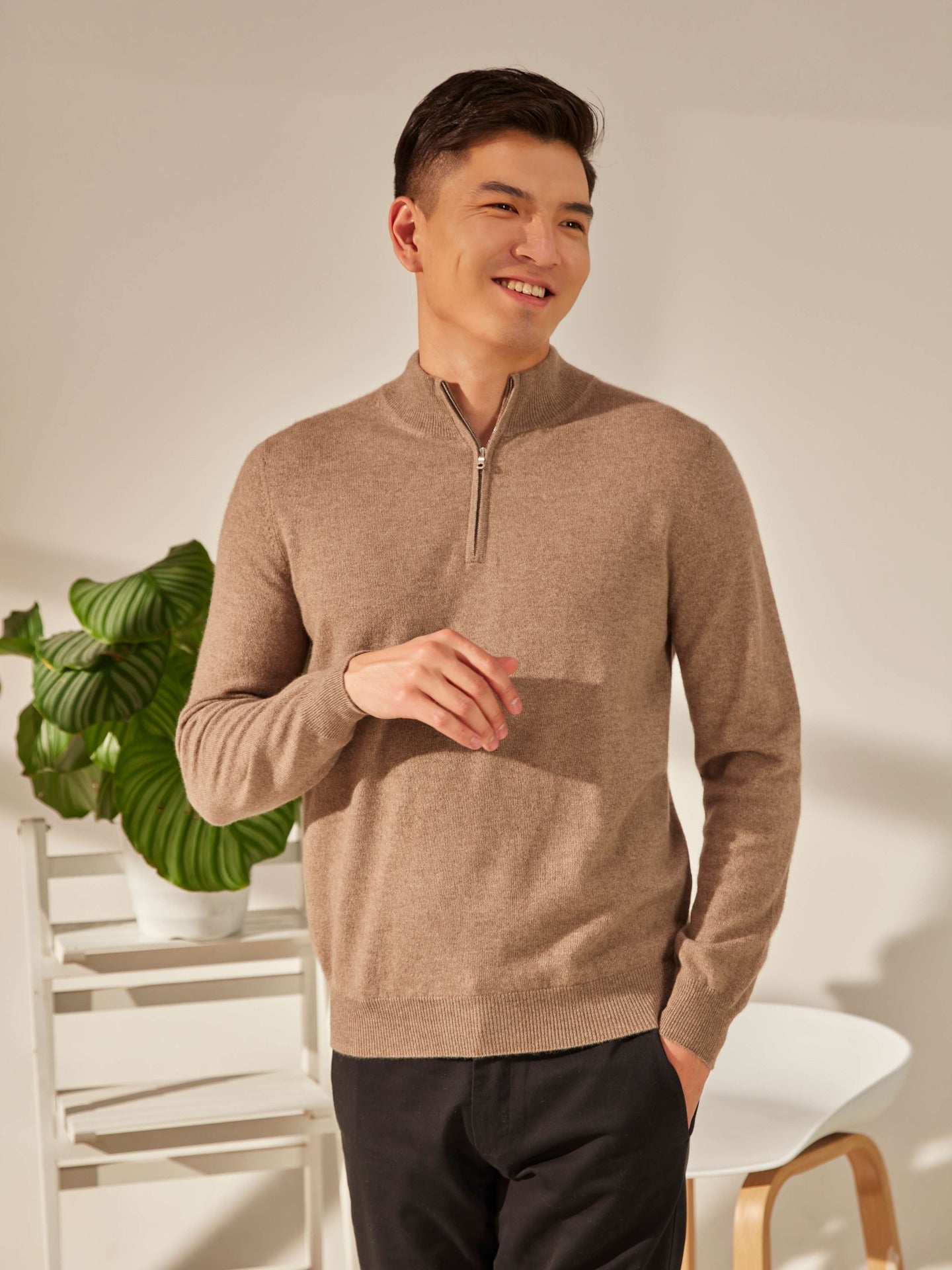 Pull polo demi en Cachemire pour hommes Taupe - Gobi Cashmere