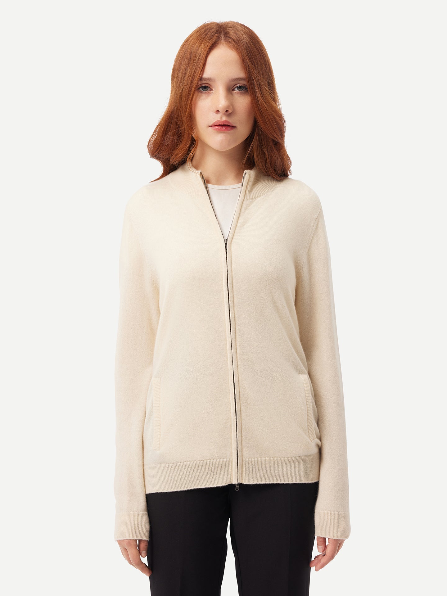 Women's Organic Cashmere Full-Zip Cardigan Off White - Gobi Cashmere