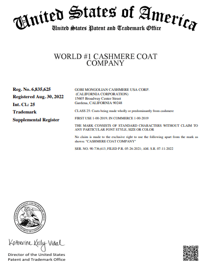Nous avons officiellement déposé la marque "World #1 Cashmere Coat Company"