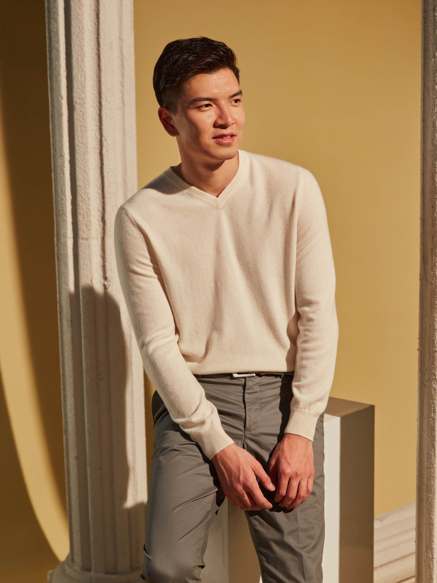Pull col en V en Cachemire pour hommes Blanc - Gobi Cashmere