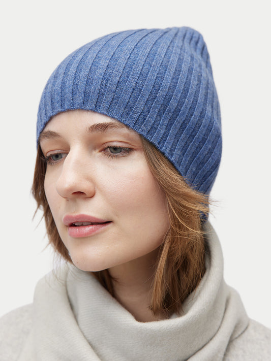 Bonnet tricoté 100% cachemire unisexe couleur bleu | GOBI Cashmere