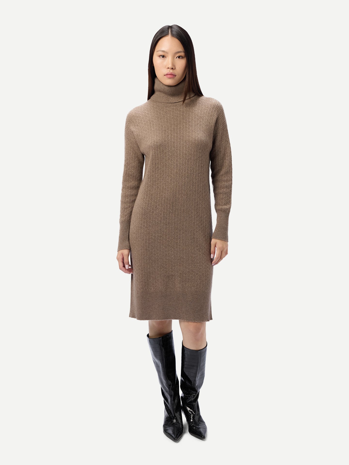 Robe Cachemire Sans Coutures Col Rond Femme couleur marron | GOBI Cashmere