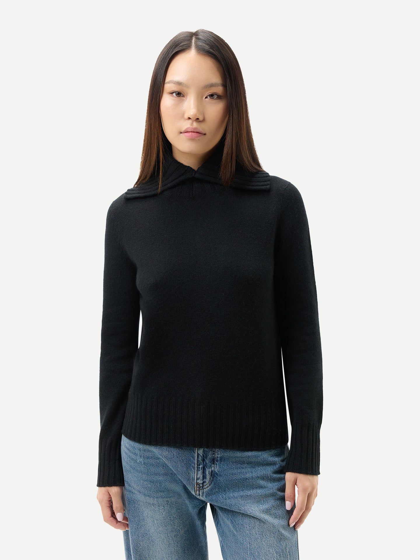 Pull Cachemire Col Roulé Replié Femme couleur noir | GOBI Cashmere
