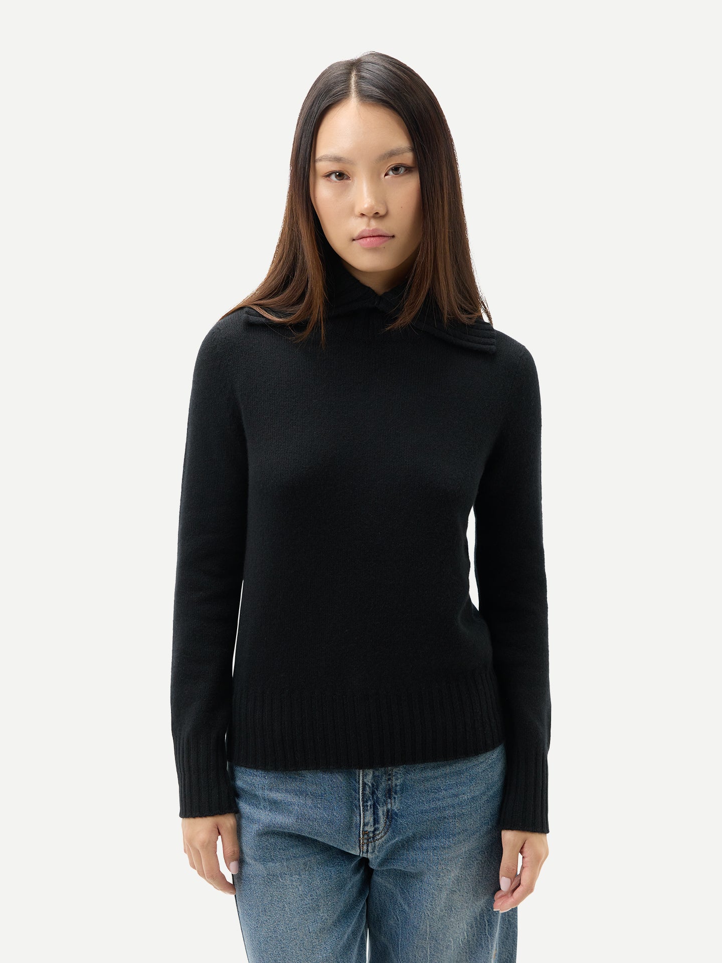 Pull Cachemire Col Roulé Replié Femme couleur noir | GOBI Cashmere