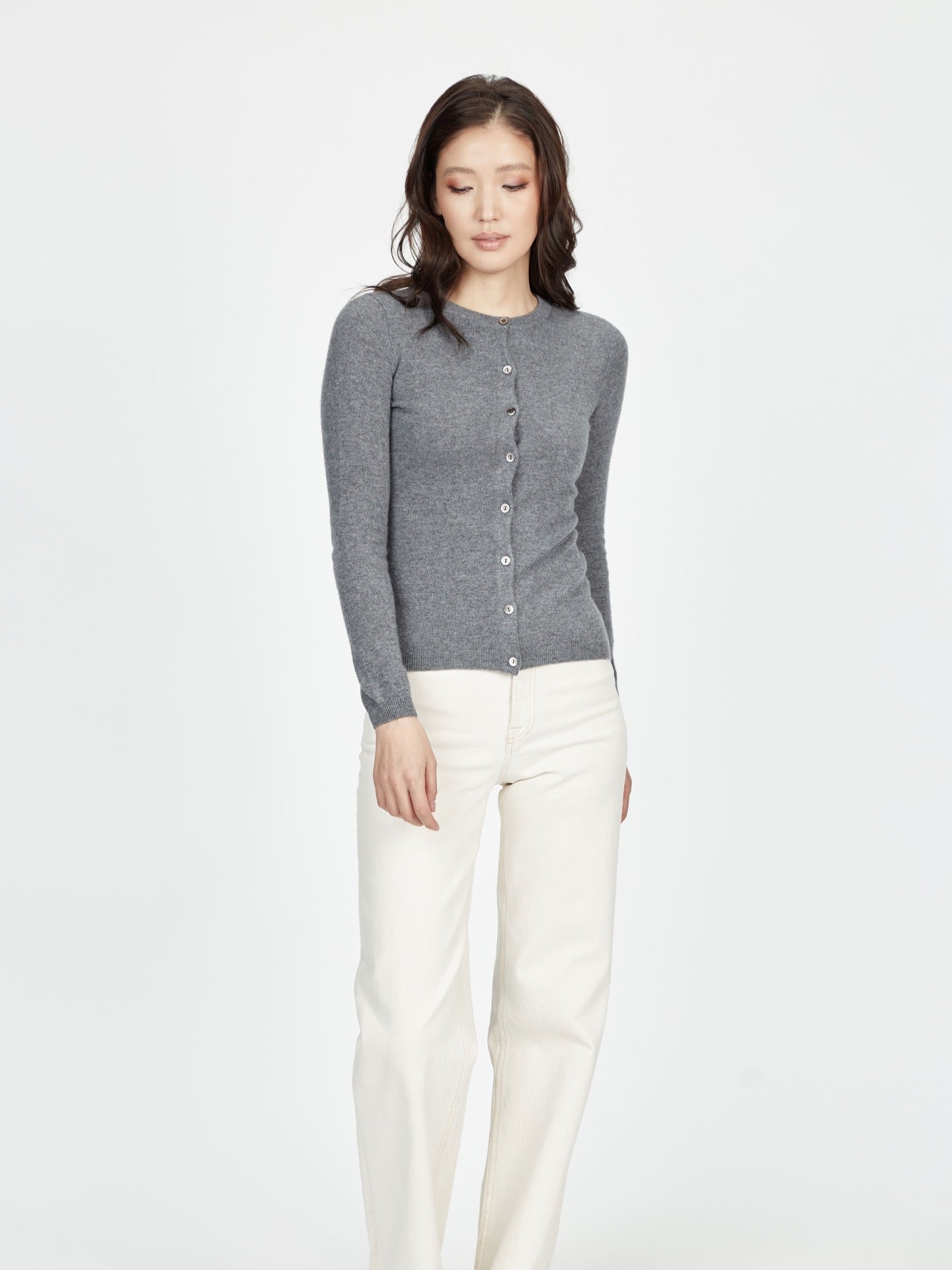 Cardigan col rond en cachemire pour femme ,couleur Gris - Gobi Cashmere