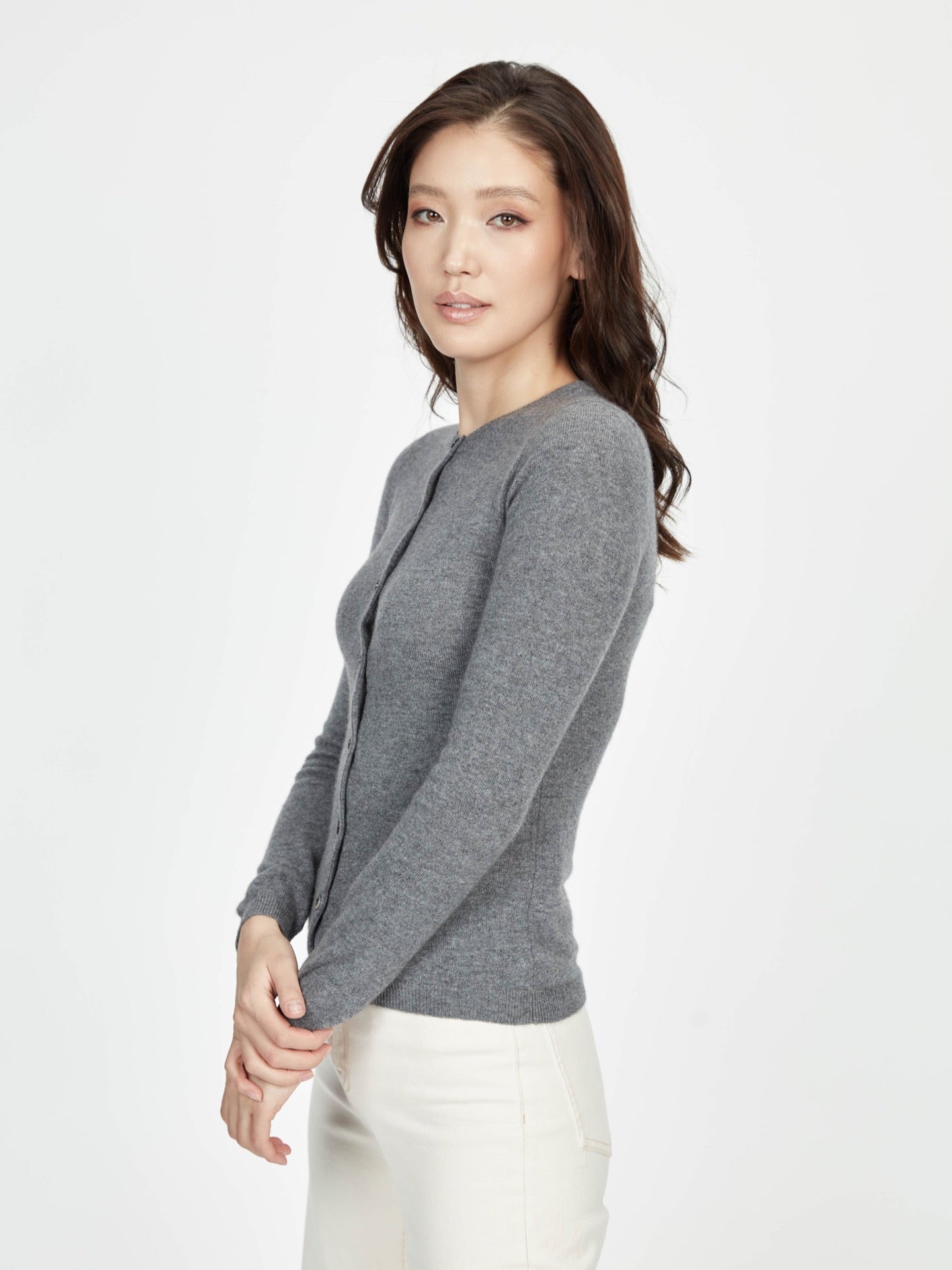 Cardigan col rond en cachemire pour femme ,couleur Gris - Gobi Cashmere