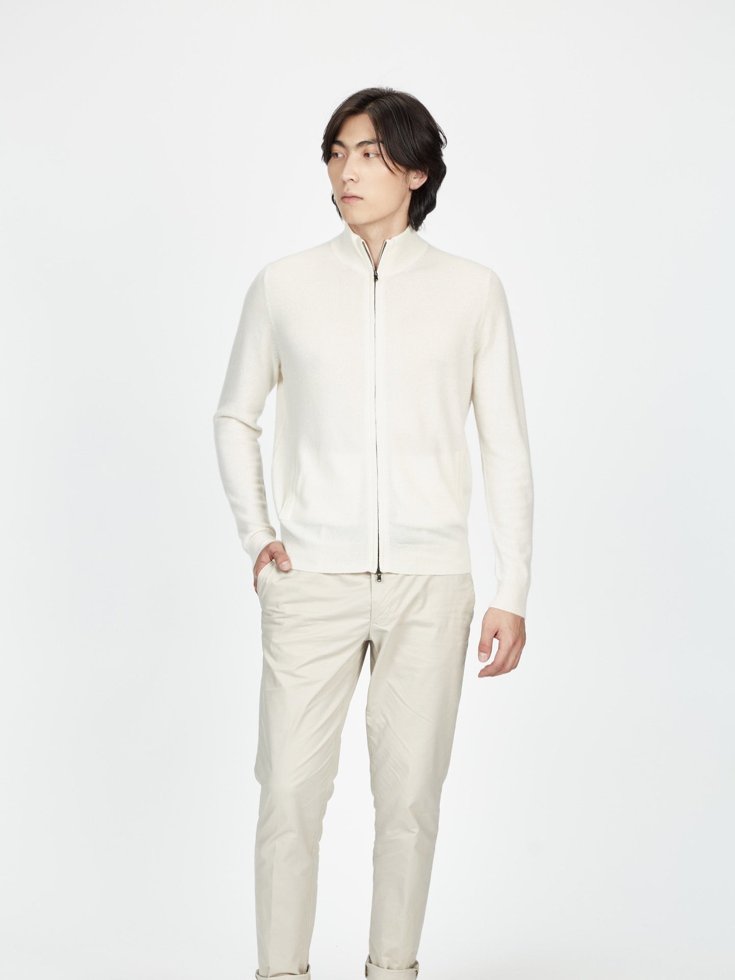 Cardigan á col montant en cachemire pour homme , couleur Blanc - Gobi Cashmere