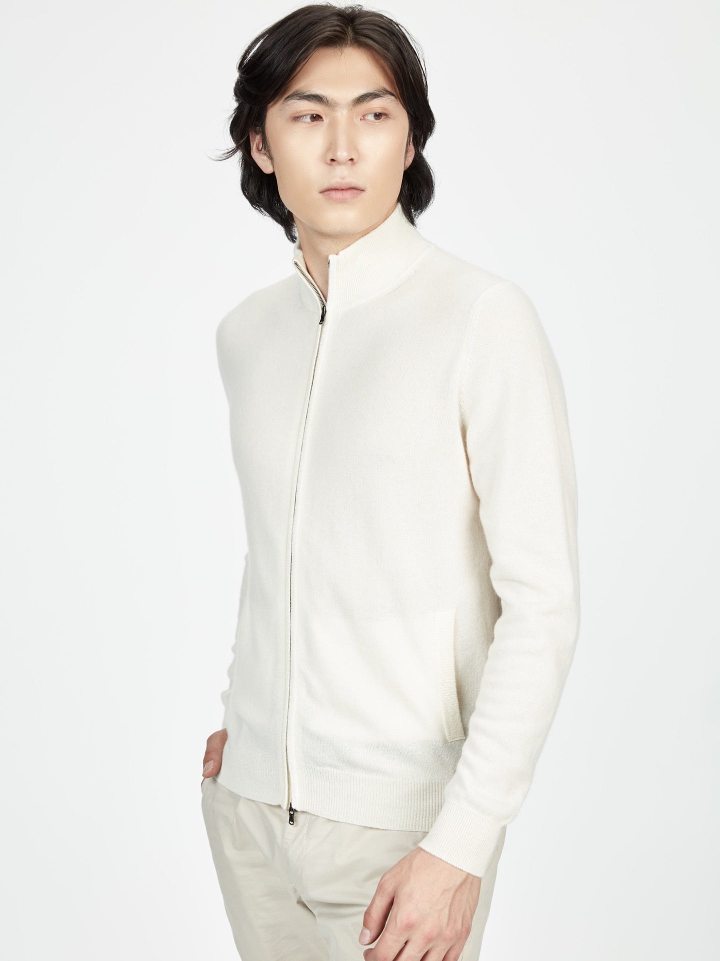 Cardigan á col montant en cachemire pour homme , couleur Blanc - Gobi Cashmere