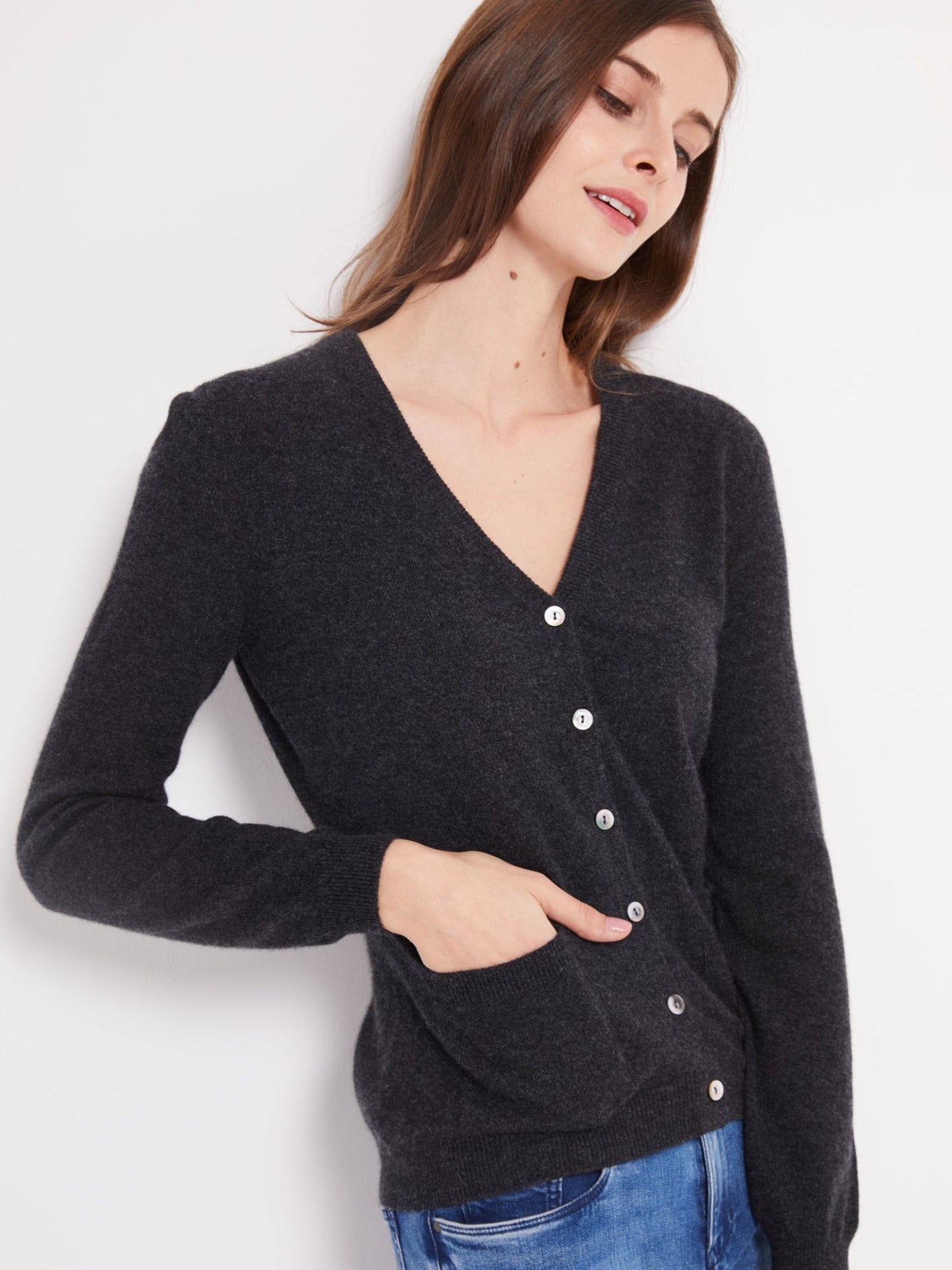 Cardigan col en V en Cachemire pour femmes Gris - Gobi Cashmere