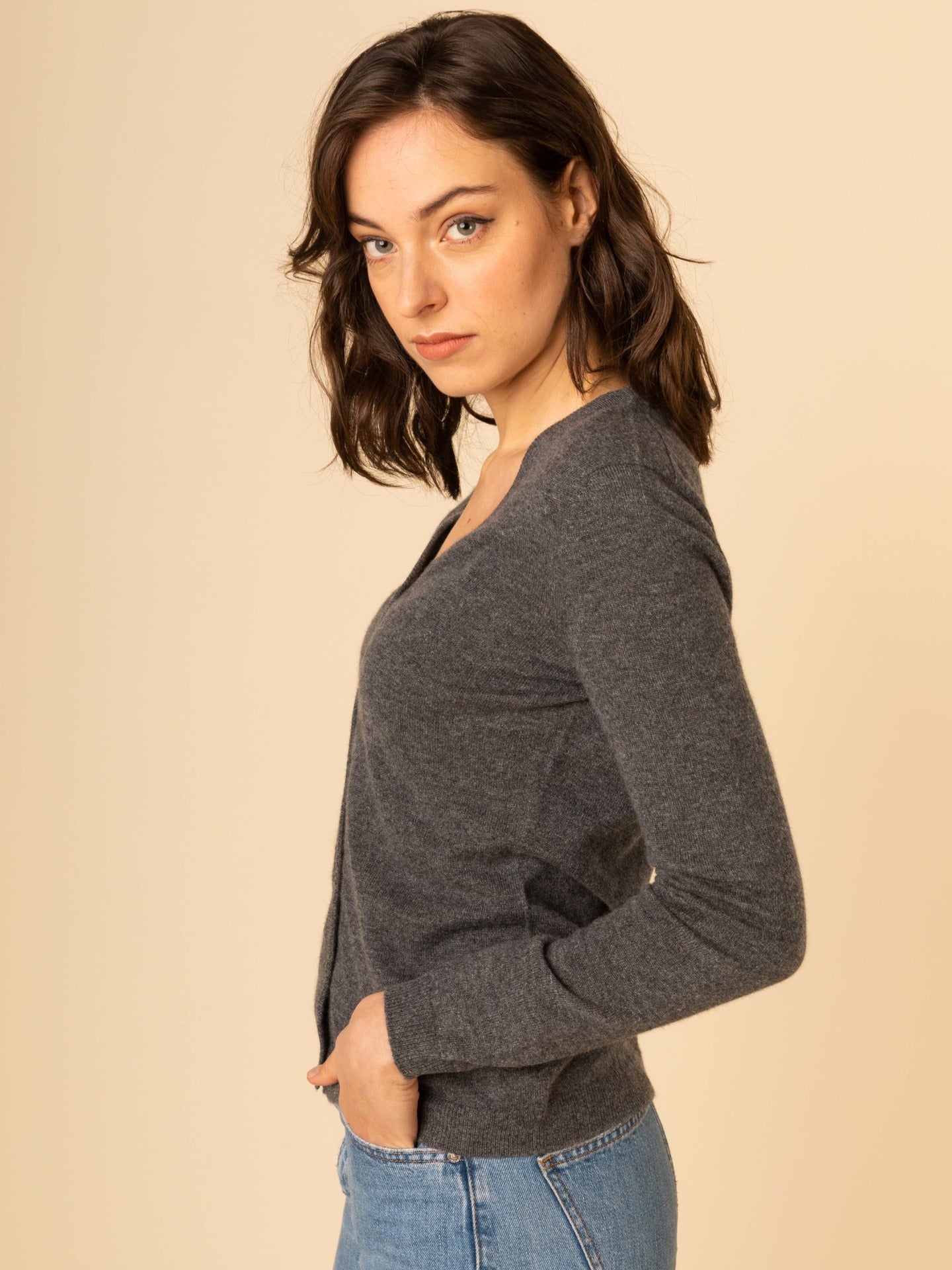 Cardigan col en V en Cachemire pour femmes Gris - Gobi Cashmere