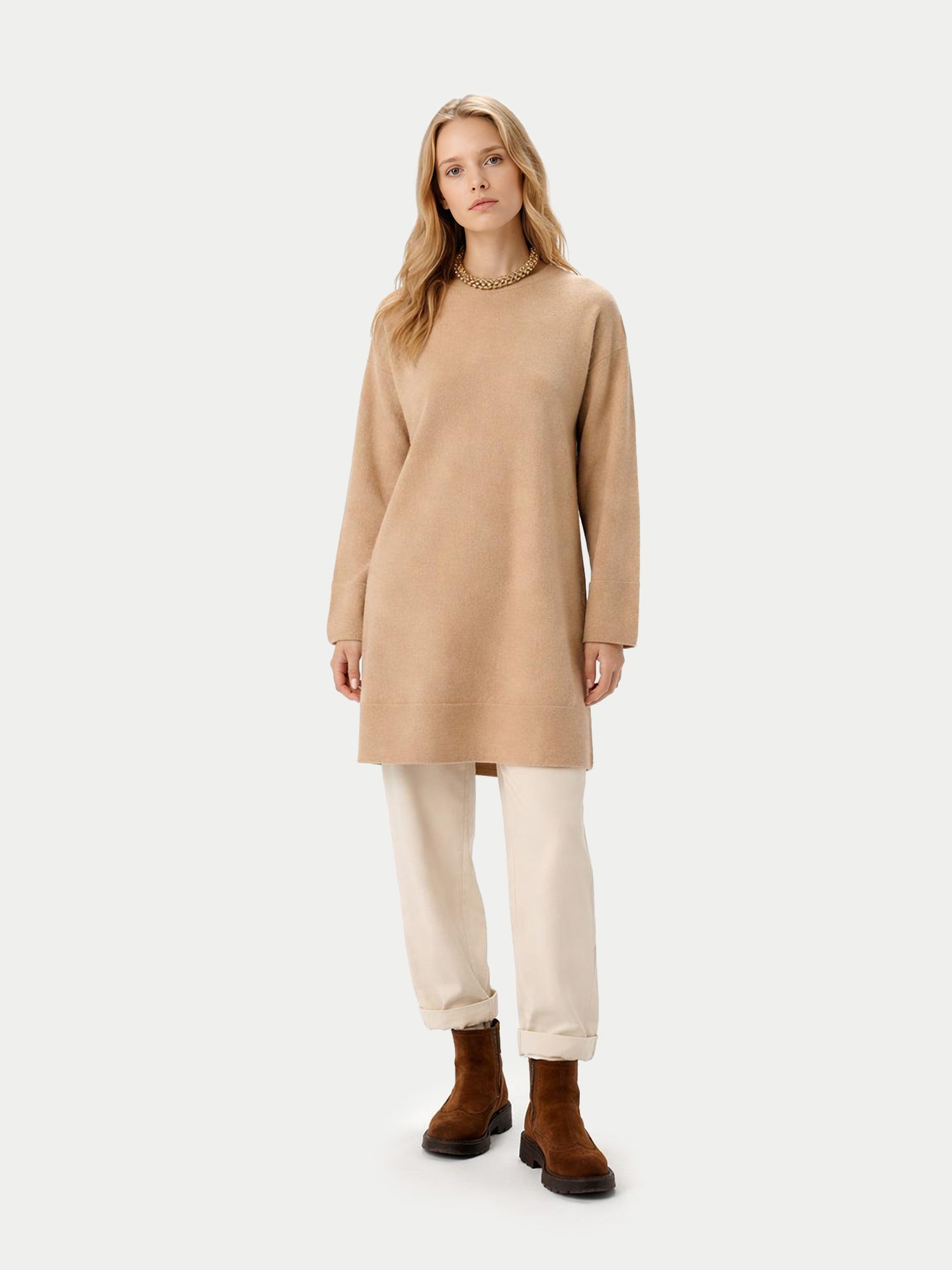 Robe en Cachemire Sans Coutures à Col Rond Couleur Organique