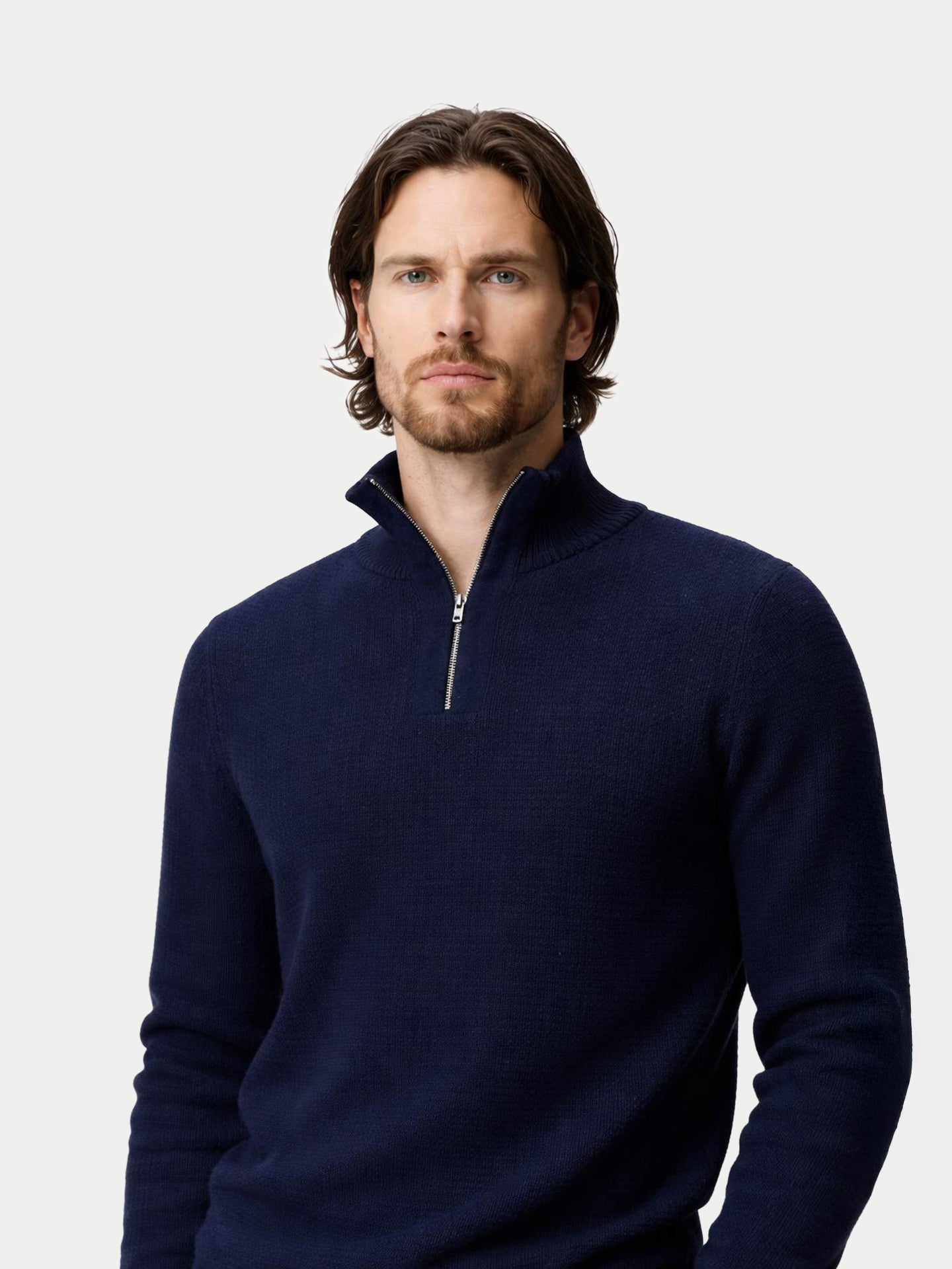 Pull en Cachemire Homme en Tricot Waffle avec Demi-Fermeture Éclair