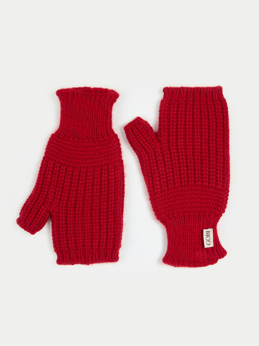 Gants rouges sans doigts avec une petite étiquette de marque « GOBI » sur fond gris clair. #color_piment