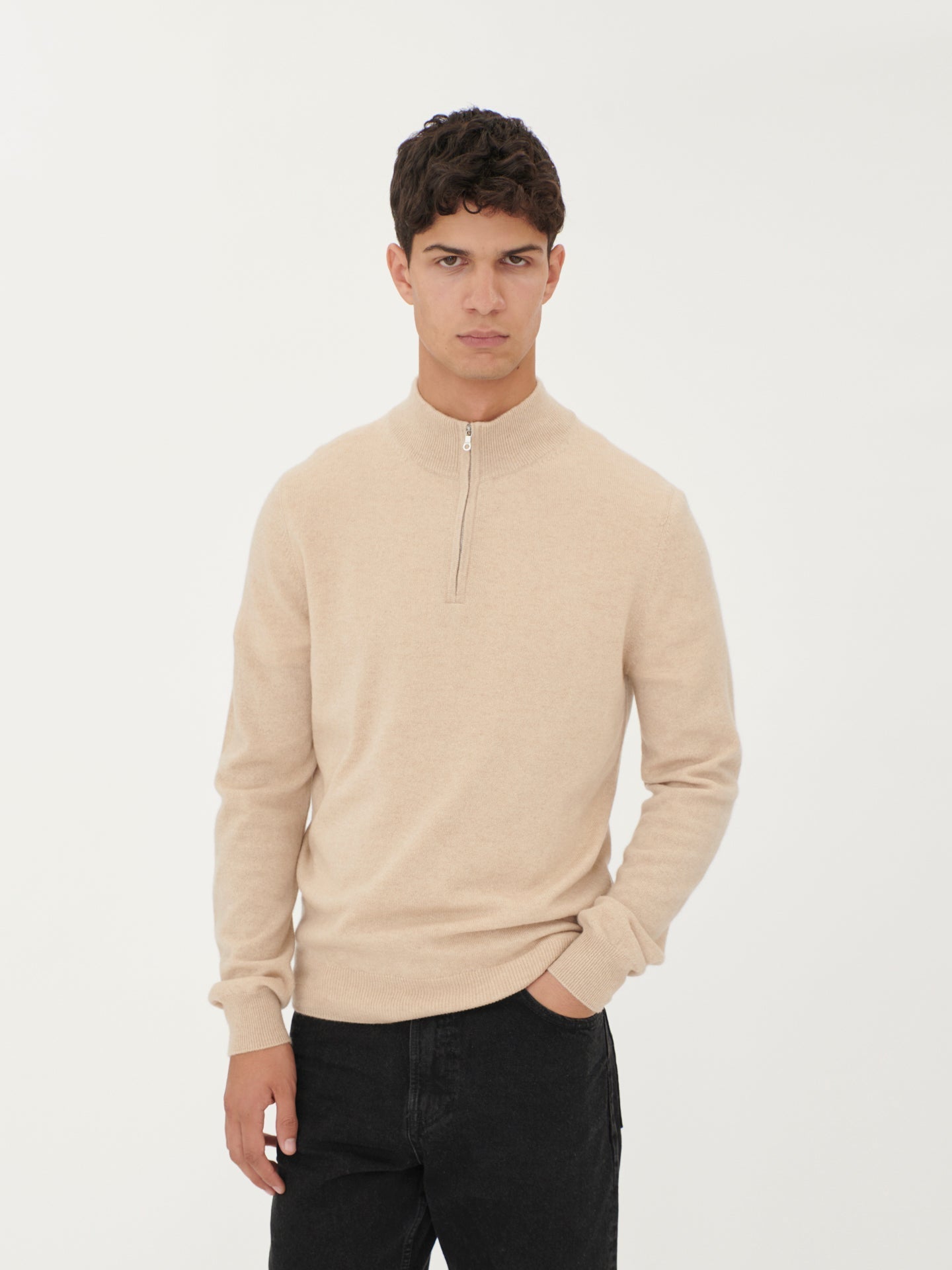 Pull polo demi zippé pour homme , couleur Taupe - Gobi Cashmere