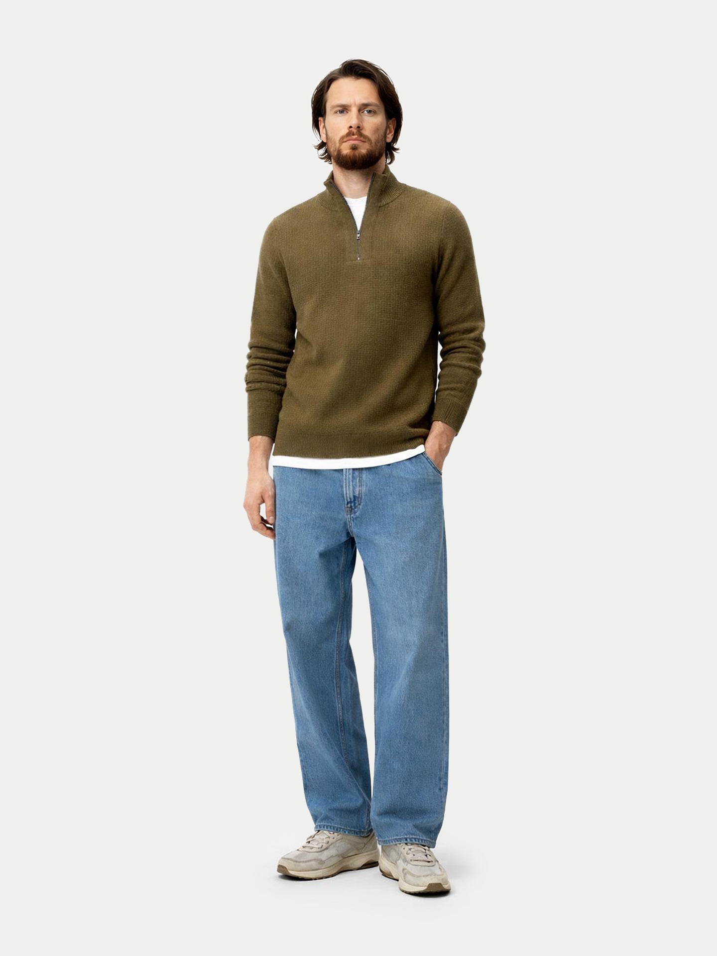 Pull en Cachemire Homme en Tricot Waffle avec Demi-Fermeture Éclair