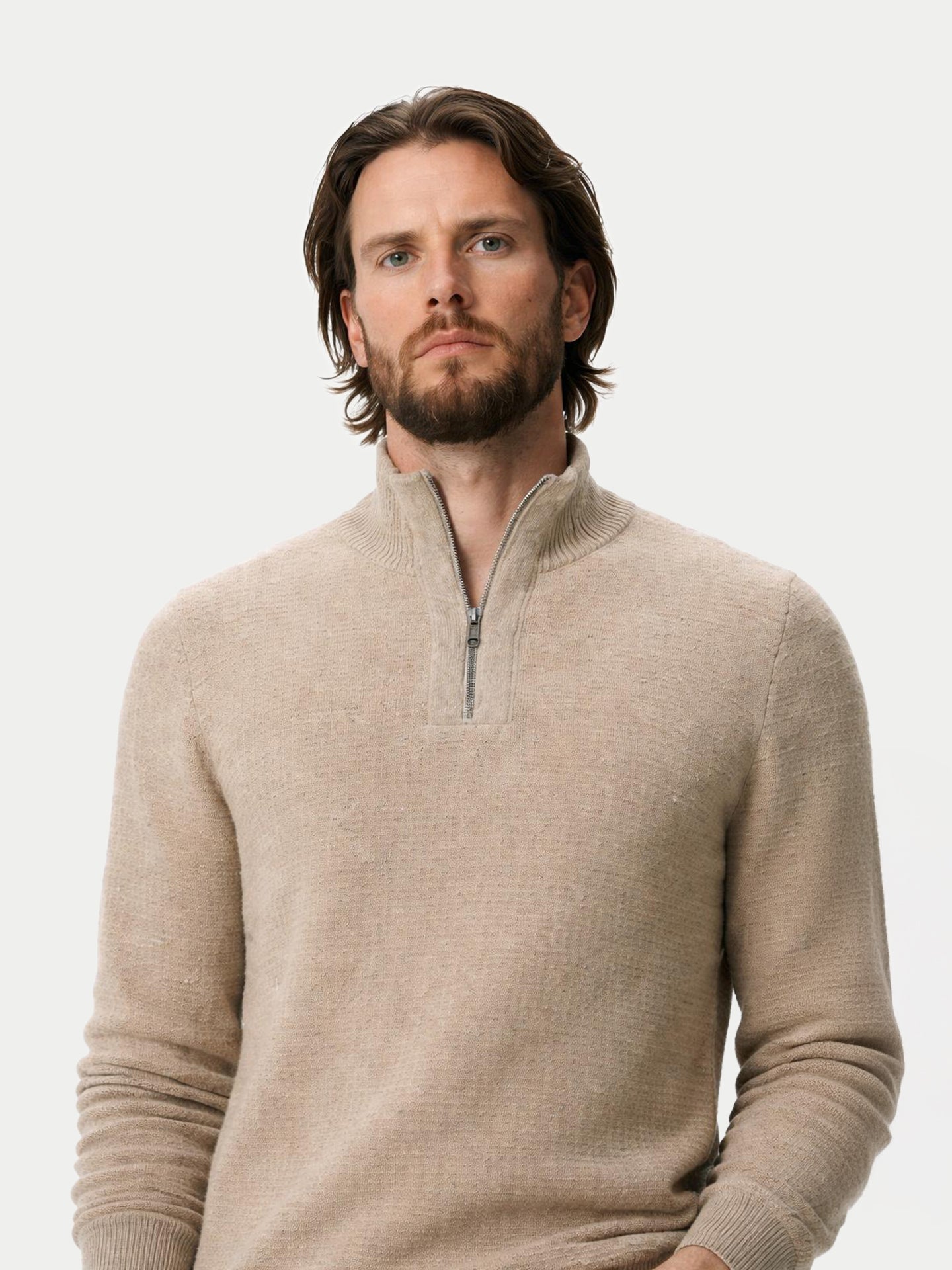 Pull en Cachemire Homme en Tricot Waffle avec Demi-Fermeture Éclair Couleur Organique