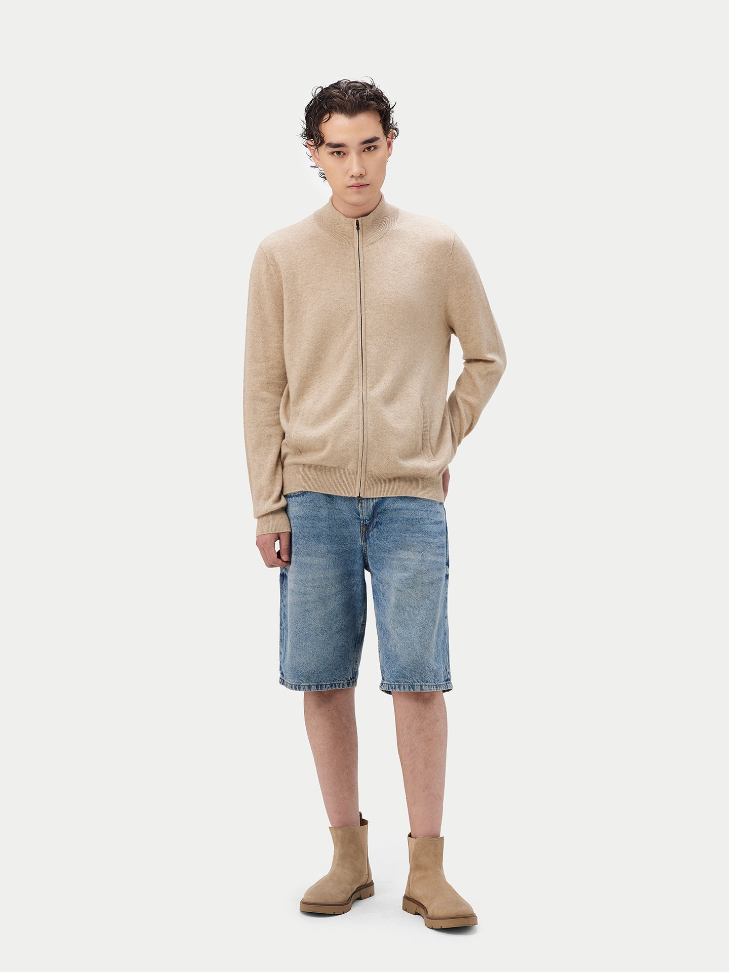 Cardigan à col montant en Cachemire pour hommes Taupe - Gobi Cashmere