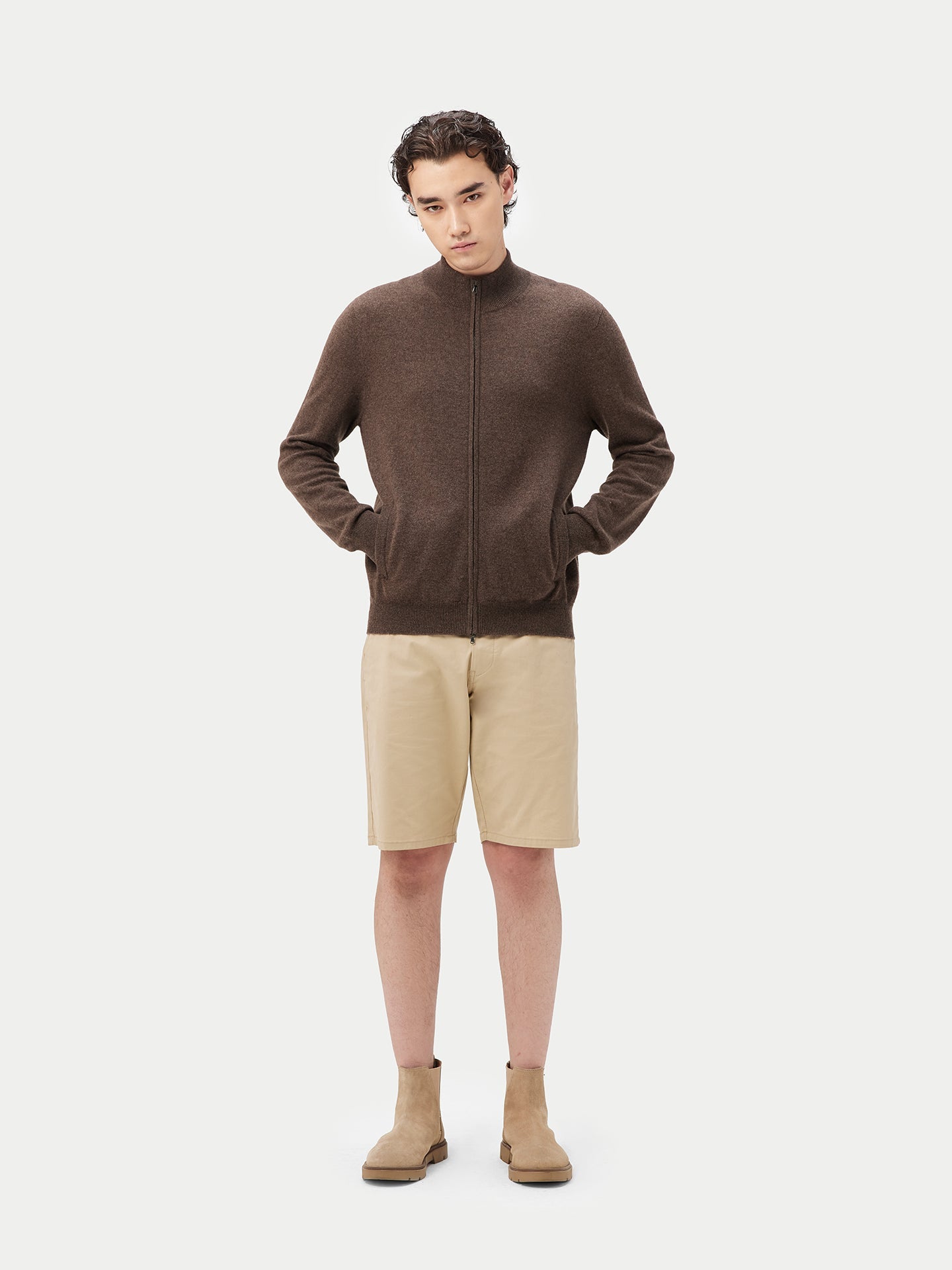 Cardigan à col montant en Cachemire pour hommes Taupe - Gobi Cashmere