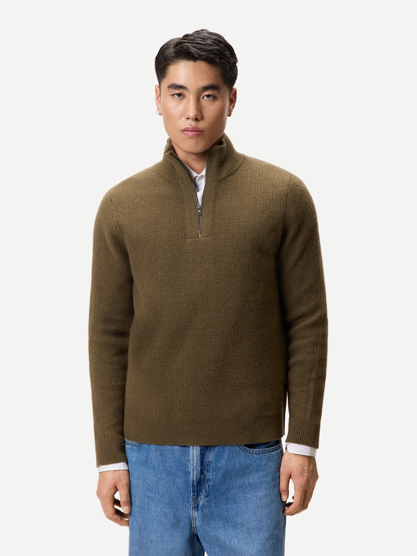 Pull Cachemire Waffle Demi-Zip Homme couleur olive | GOBI Cashmere