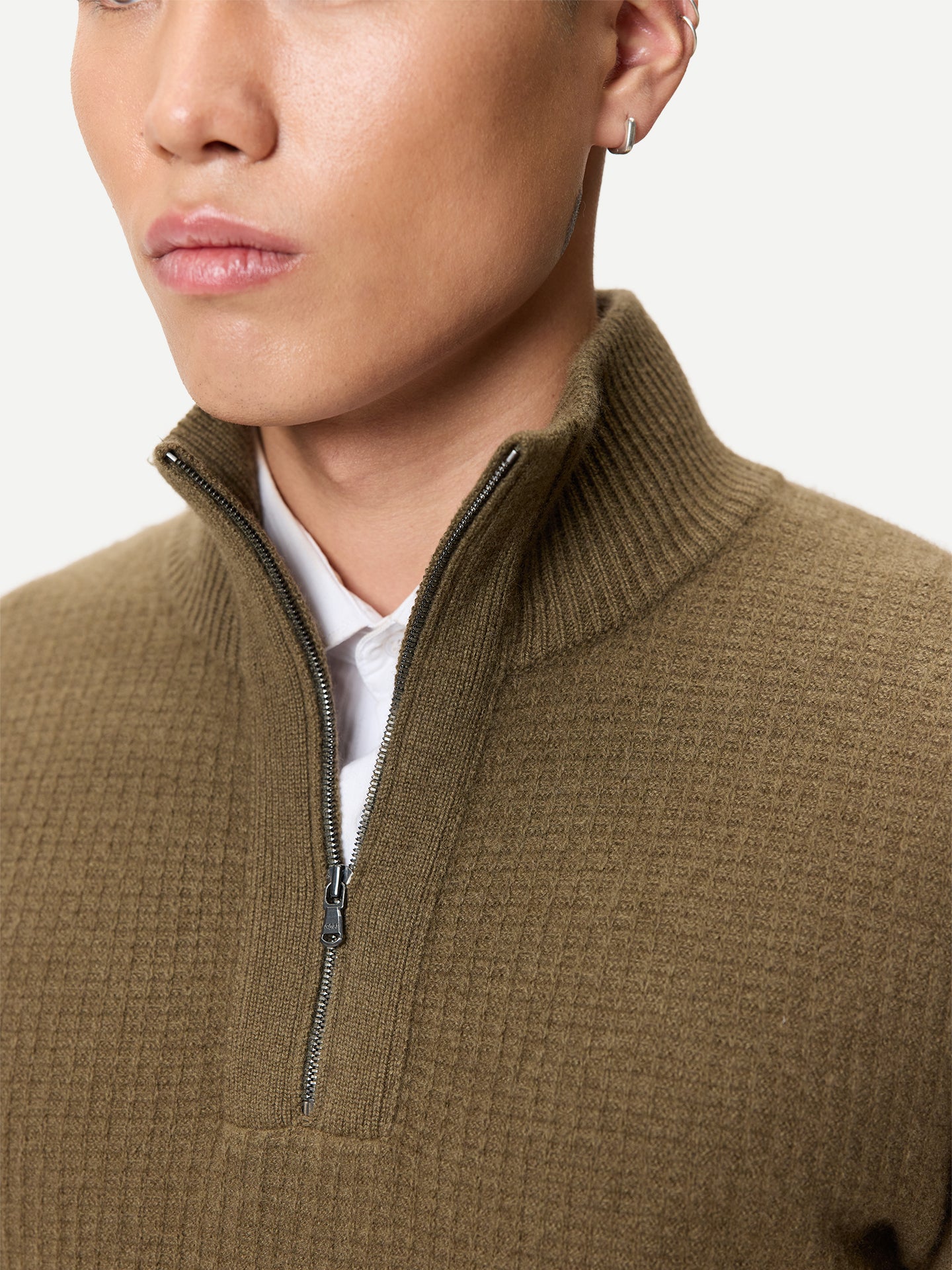 Pull Cachemire Waffle Demi-Zip Homme couleur olive | GOBI Cashmere