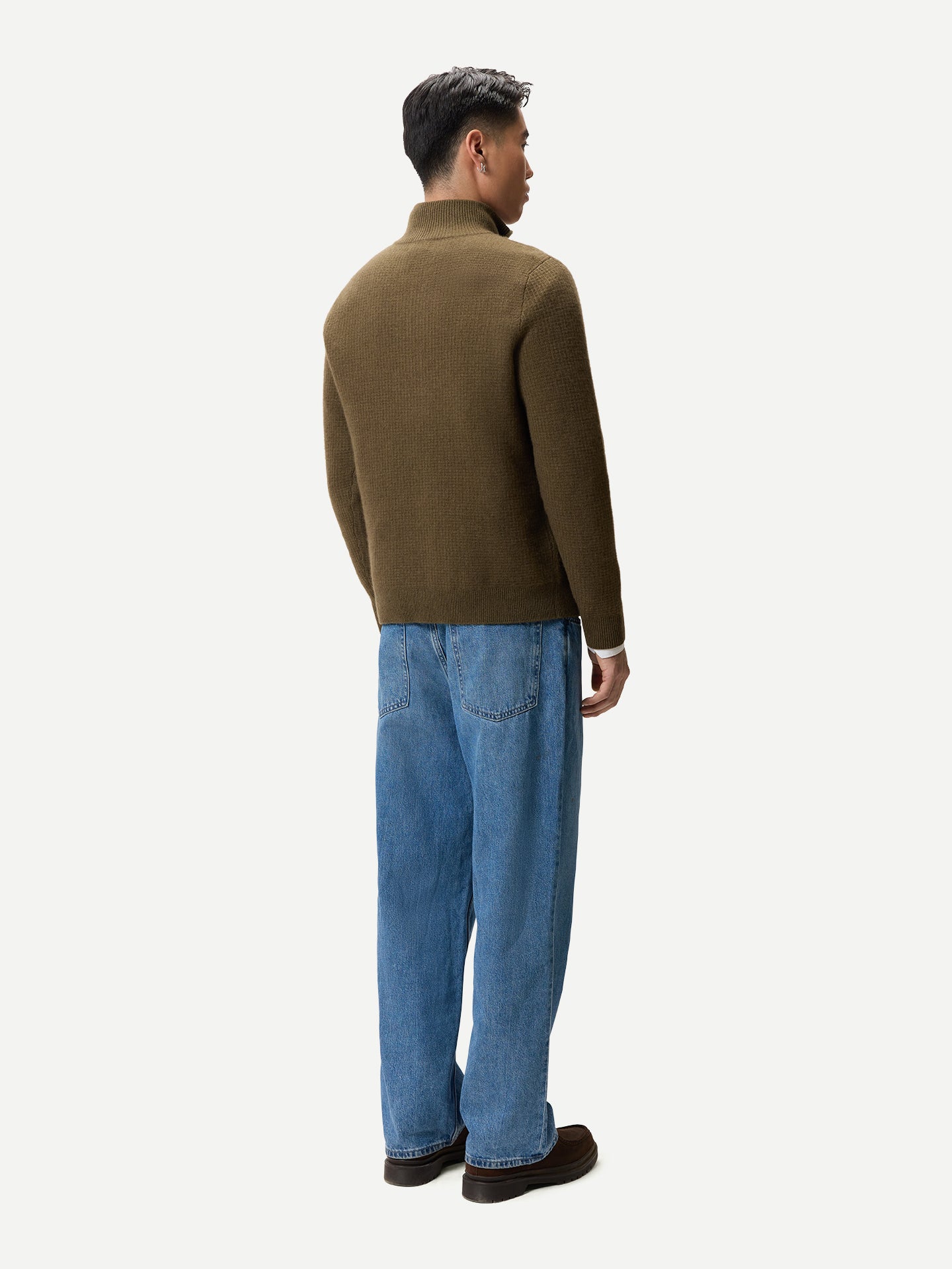 Pull Cachemire Waffle Demi-Zip Homme couleur olive | GOBI Cashmere