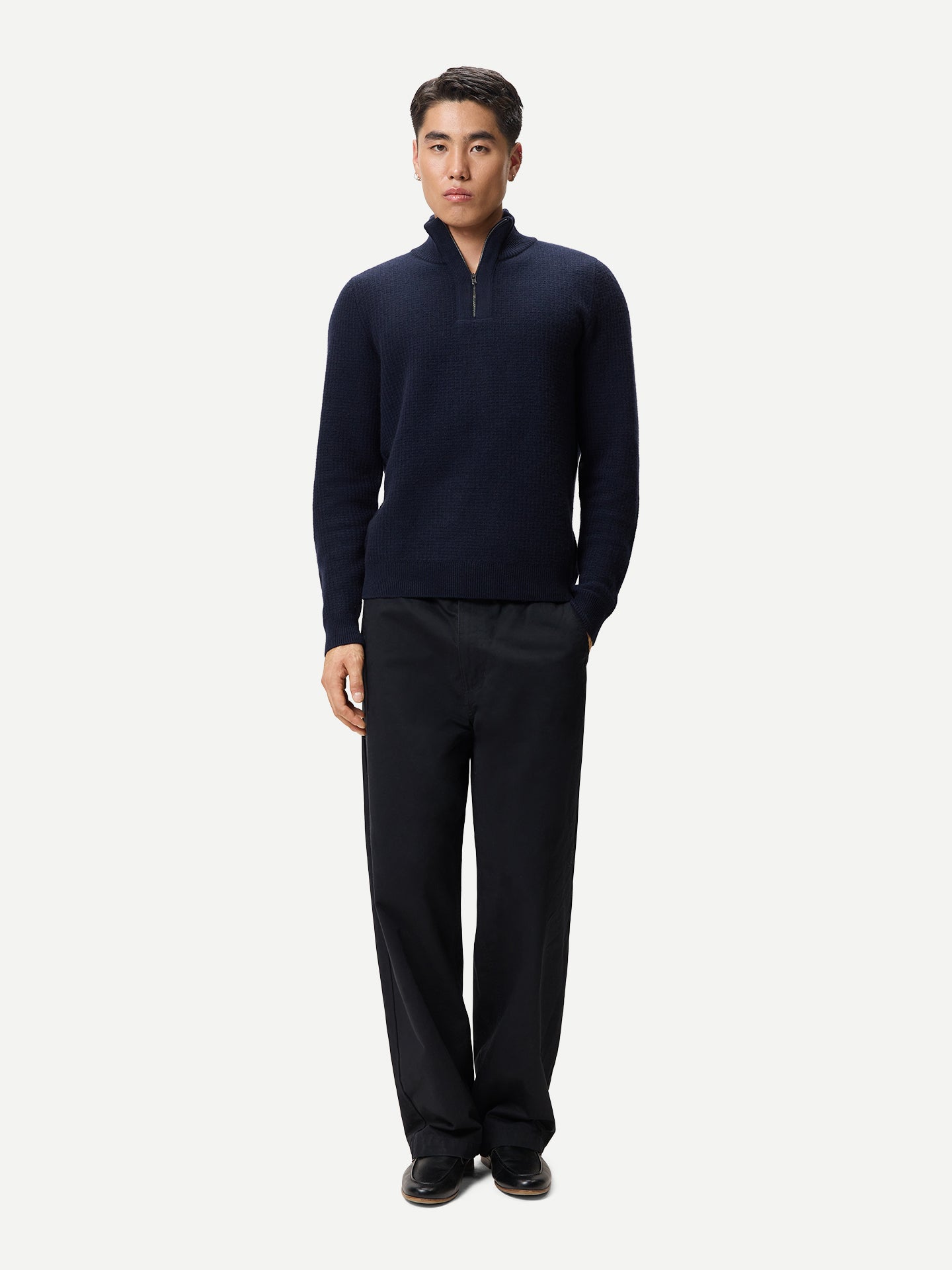 Pull Cachemire Waffle Demi-Zip Homme couleur navy | GOBI Cashmere