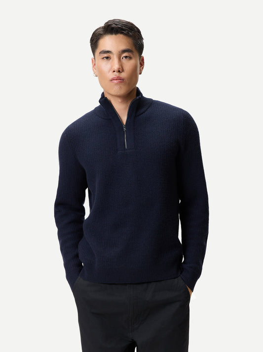 Pull Cachemire Waffle Demi-Zip Homme couleur navy | GOBI Cashmere