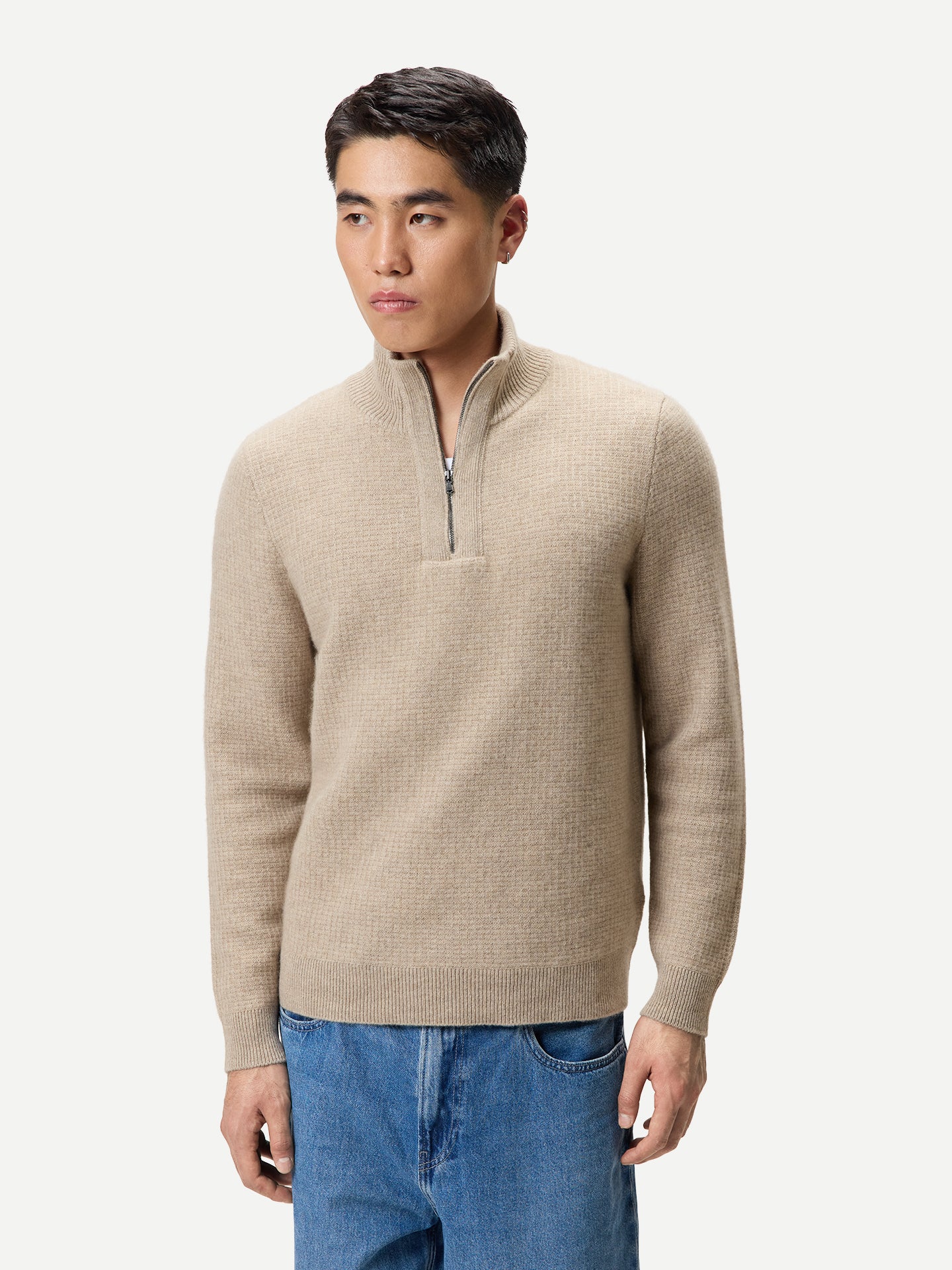 Pull Cachemire Waffle Demi-Zip Homme couleur beige | GOBI Cashmere