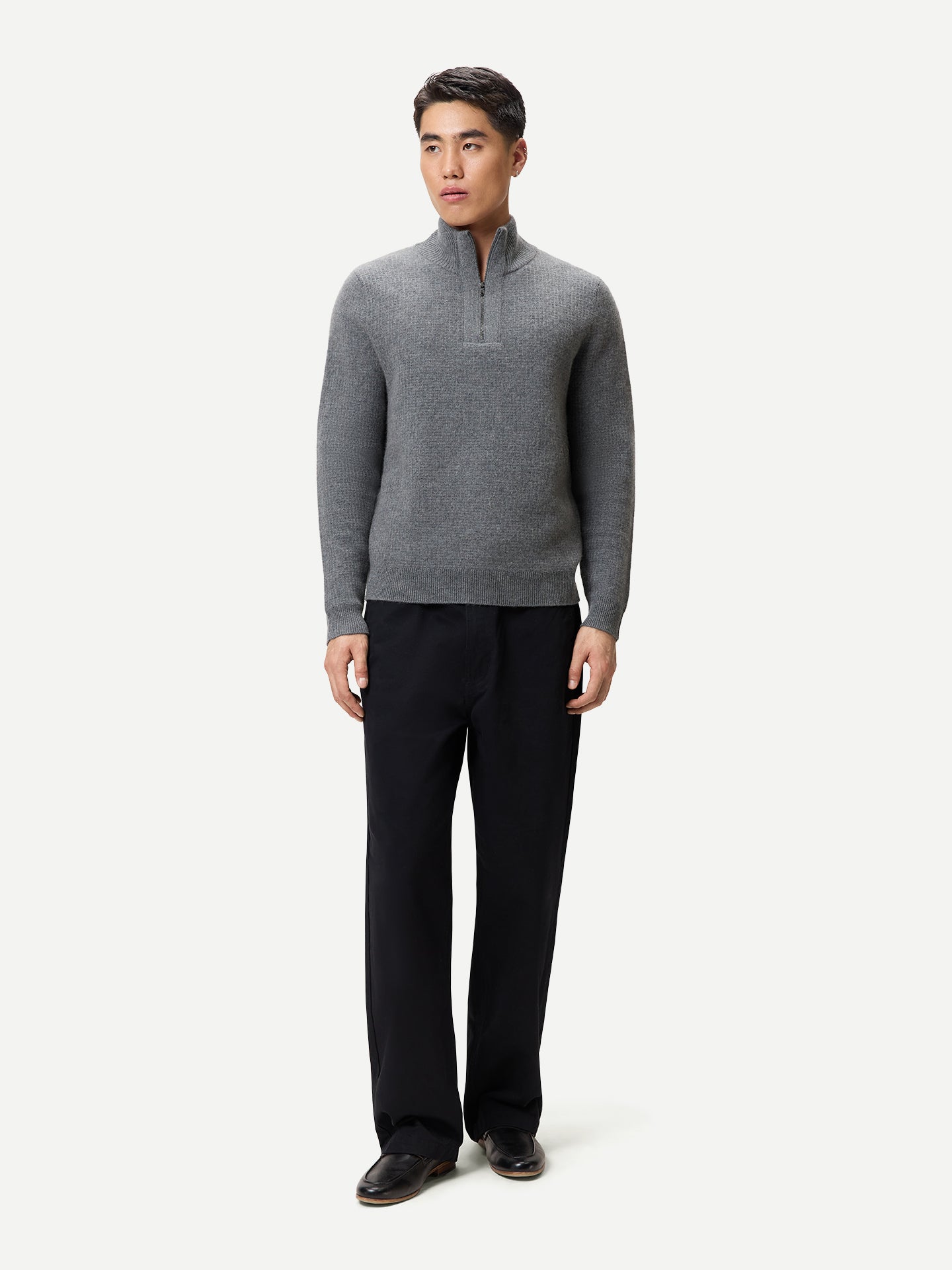 Pull Cachemire Waffle Demi-Zip Homme couleur gris | GOBI Cashmere