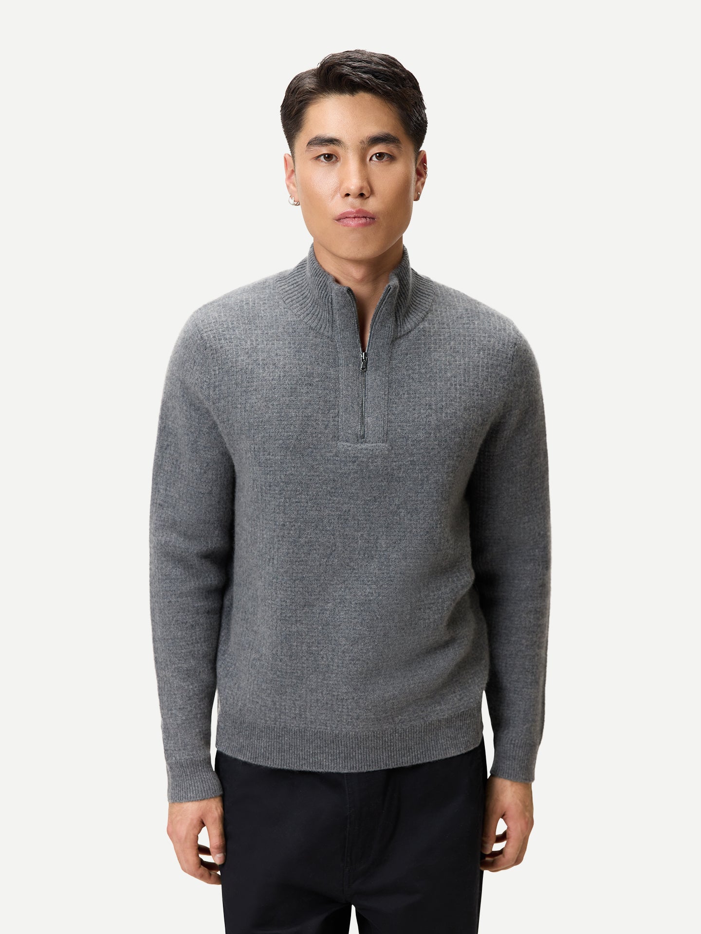 Pull Cachemire Waffle Demi-Zip Homme couleur gris | GOBI Cashmere