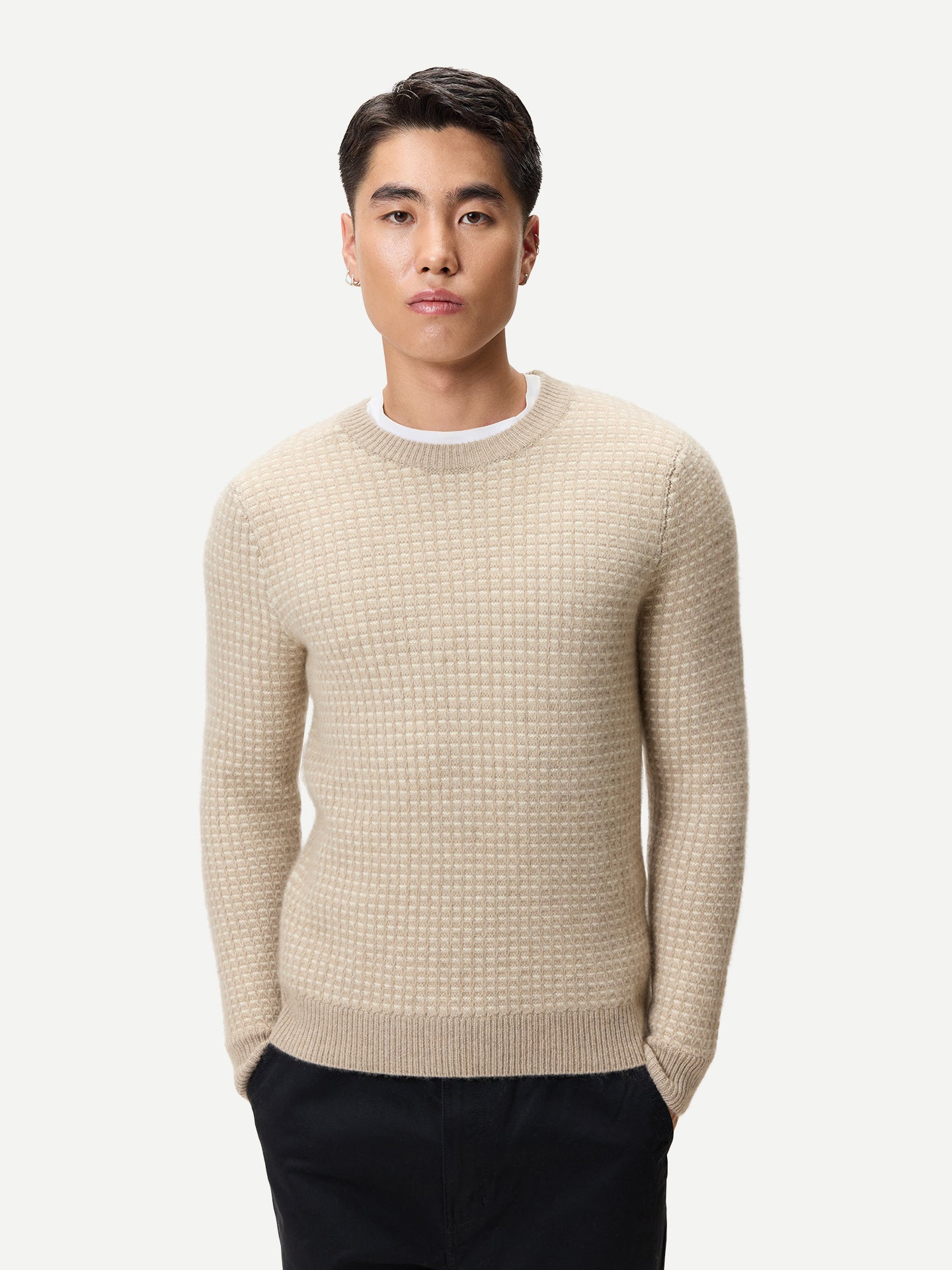 Pull Cachemire Waffle Homme Couleur beige Organique | GOBI Cashmere