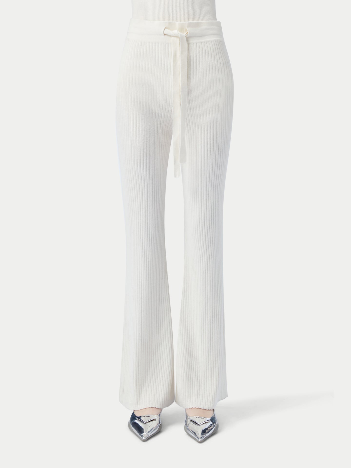 Women's Drawstring Ribbed Cotton Silk Cashmere Blend Flares Whisper White - Gobi Cashmere