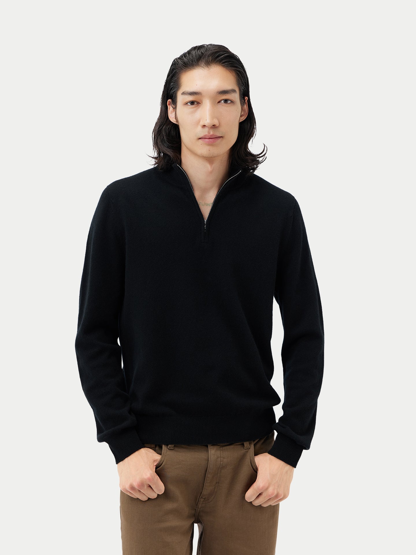 Pull polo demi en Cachemire pour hommes Noir - Gobi Cashmere