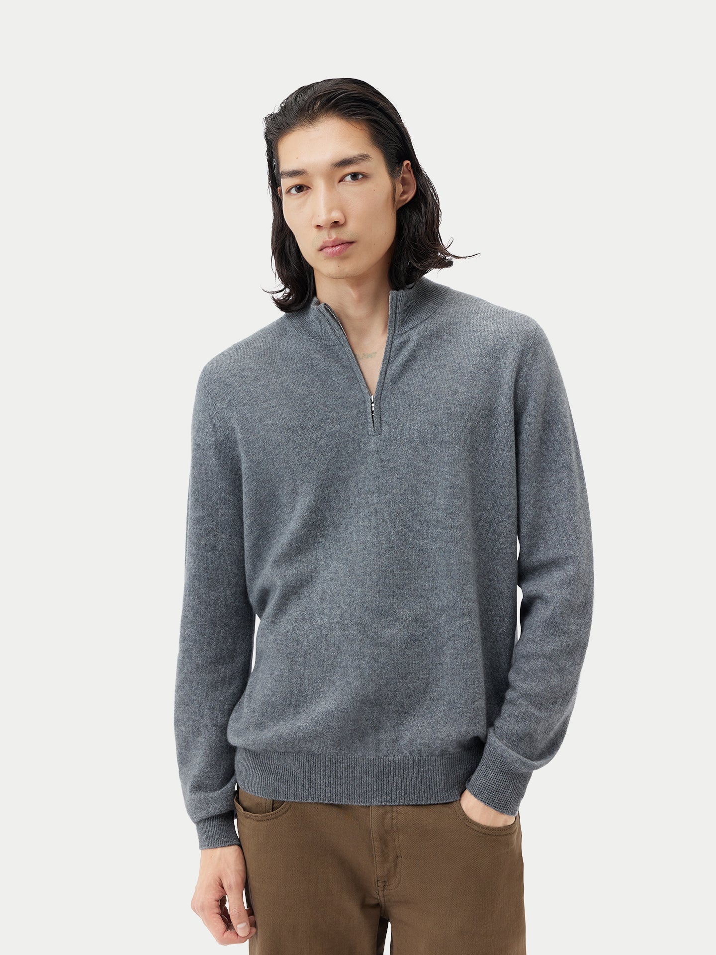 Pull polo demi en Cachemire pour hommes Gris - Gobi Cashmere