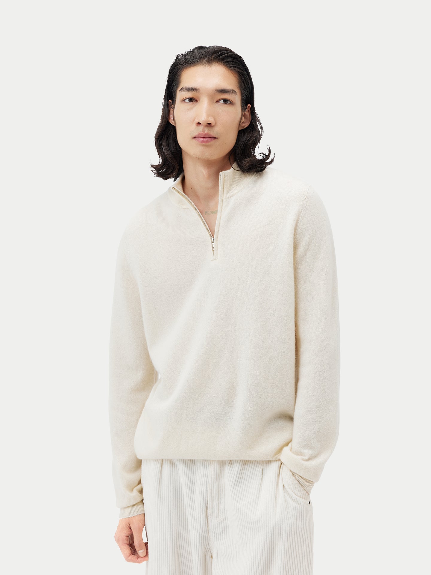 Pull polo demi zippé pour homme , couleur Blanc - Gobi Cashmere