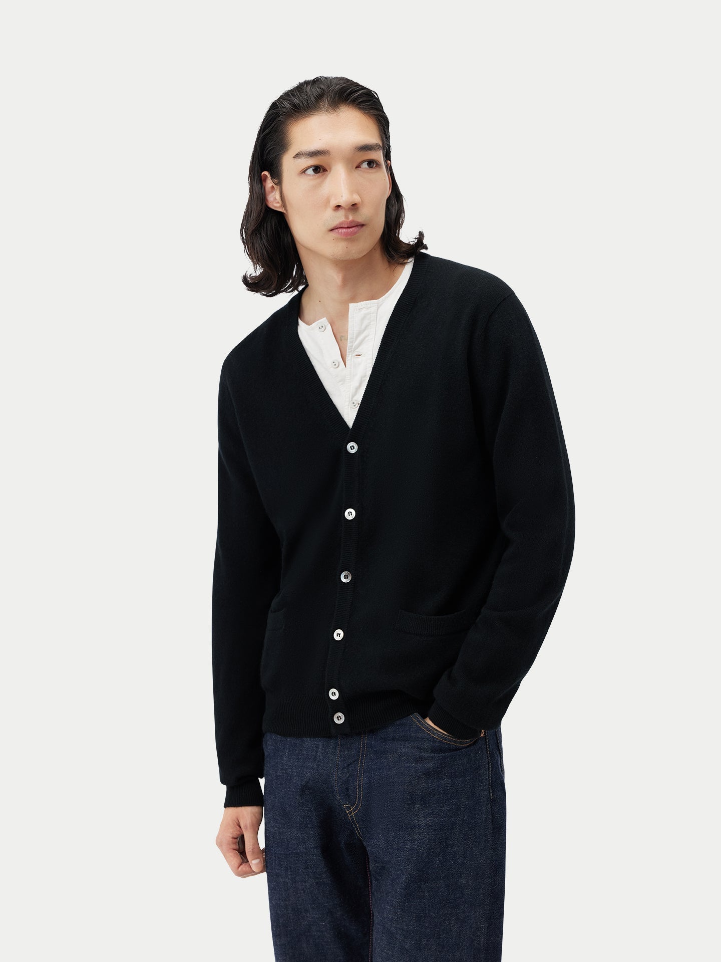 Men's Cashmere V-neck Cardigan Black - Gobi Cashmere