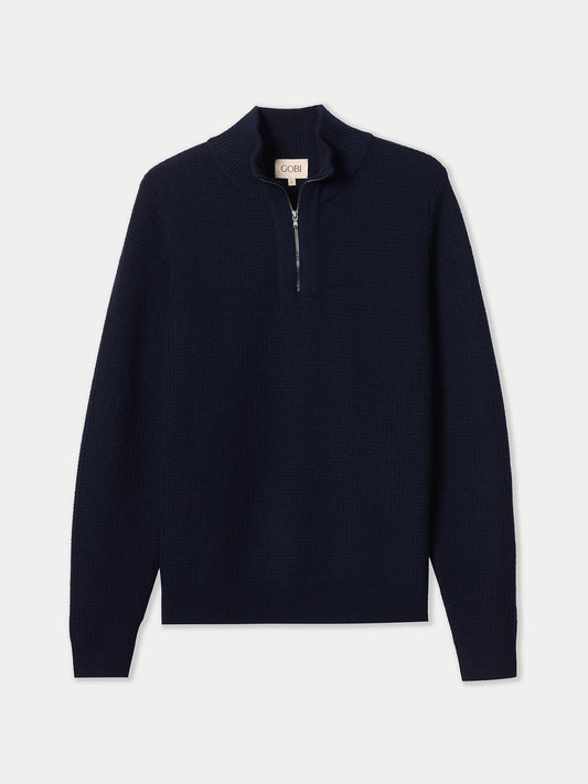 Pull en Cachemire Homme en Tricot Waffle avec Demi-Fermeture Éclair