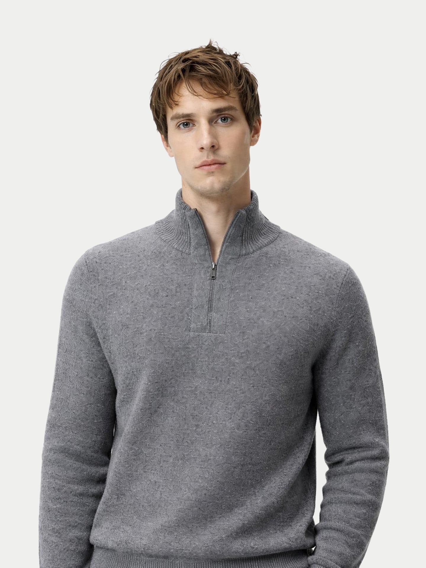 Pull en Cachemire Homme en Tricot Waffle avec Demi-Fermeture Éclair