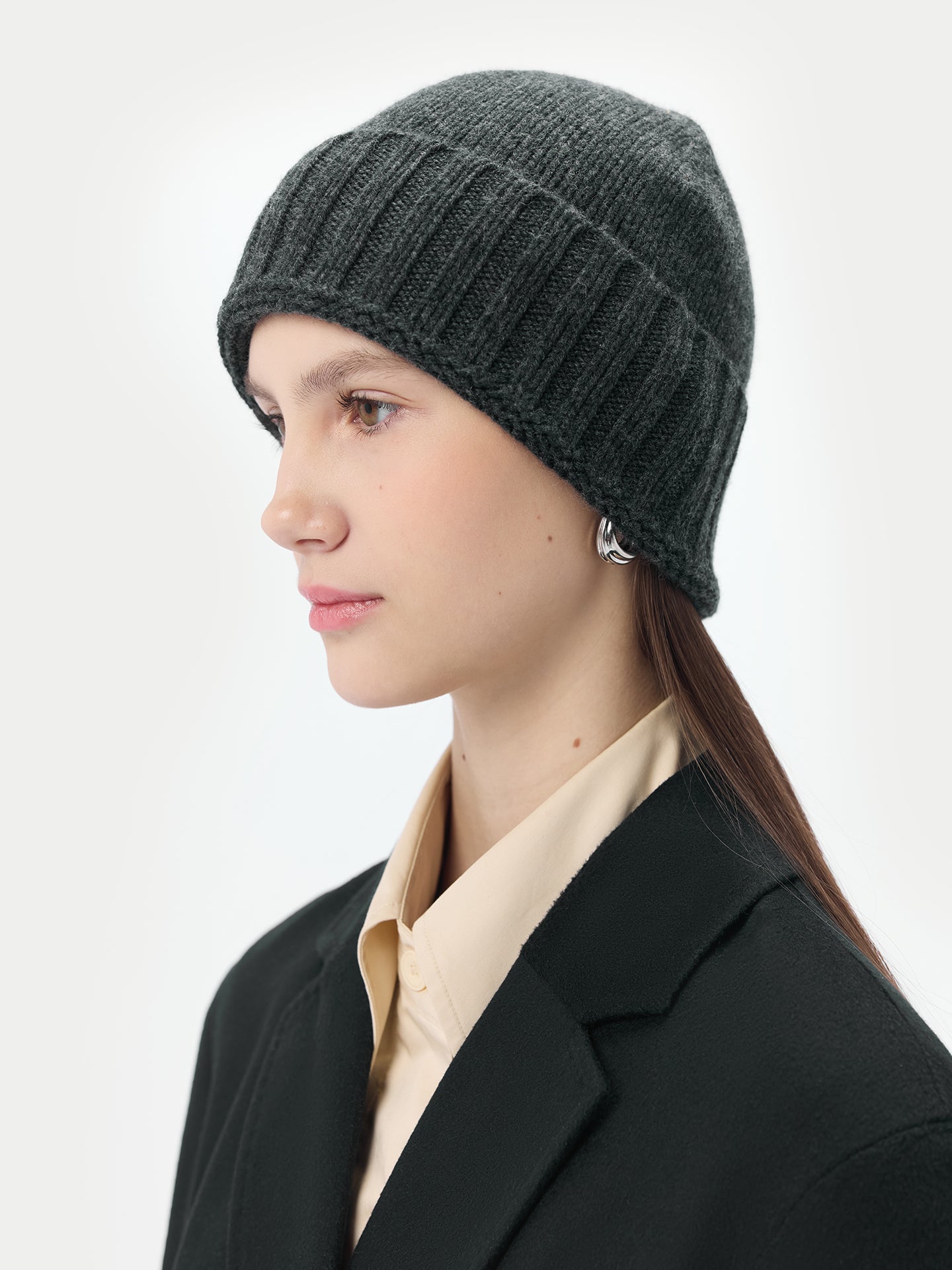 Bonnet en tricot côtelé en cachemire pour femme Gris - Gobi Cashmere