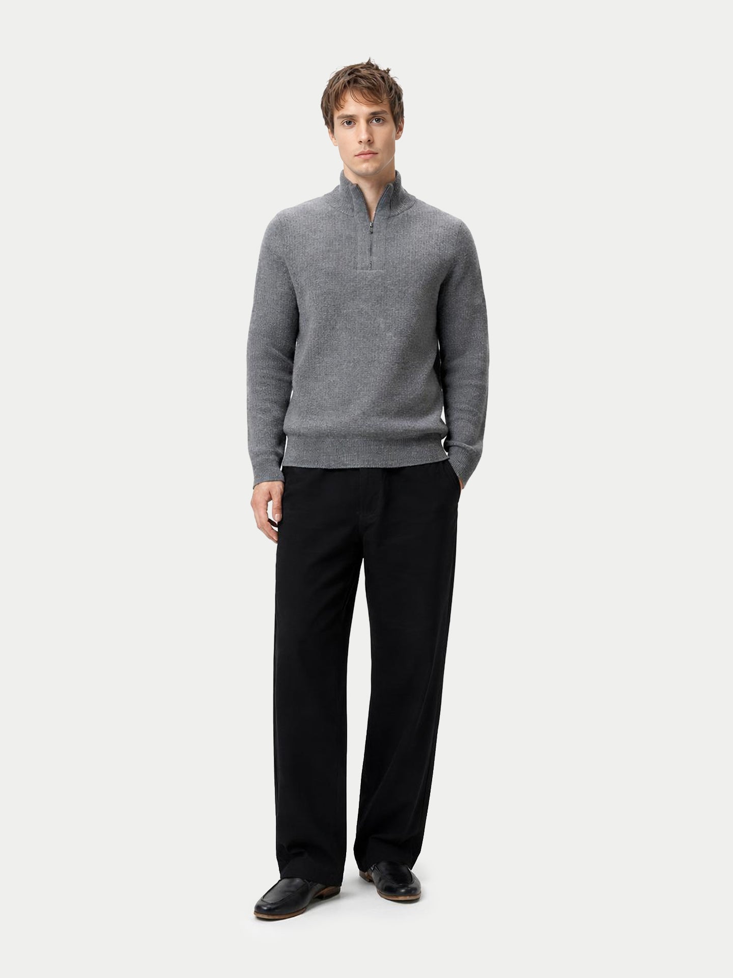 Pull en Cachemire Homme en Tricot Waffle avec Demi-Fermeture Éclair
