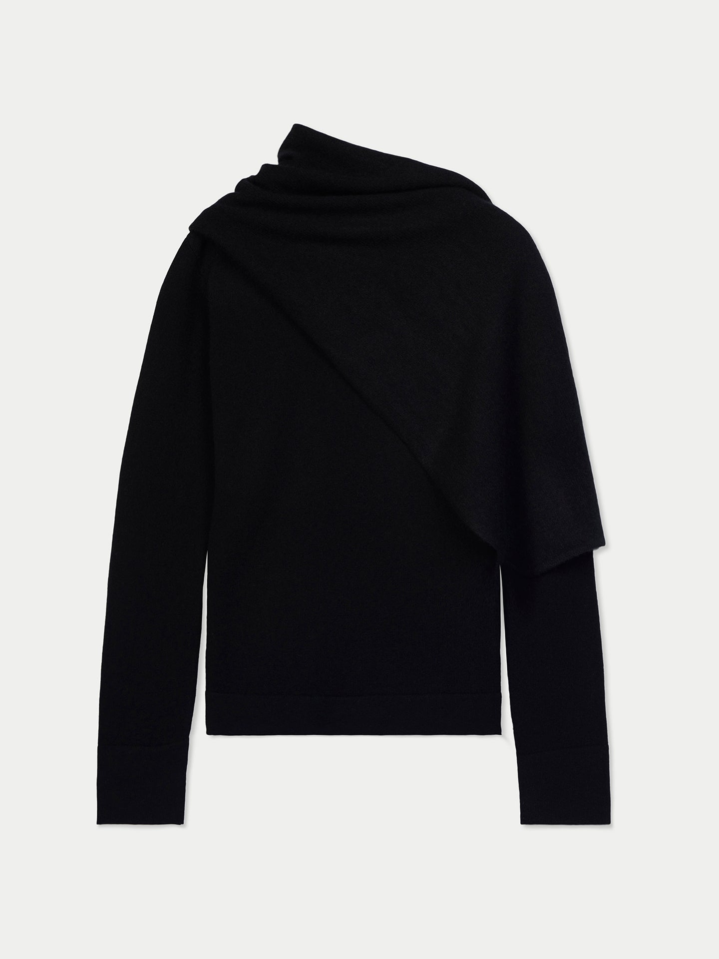 Vue de face d'un pull noir à manches longues avec une écharpe attachée, sur fond gris clair. #color_noir