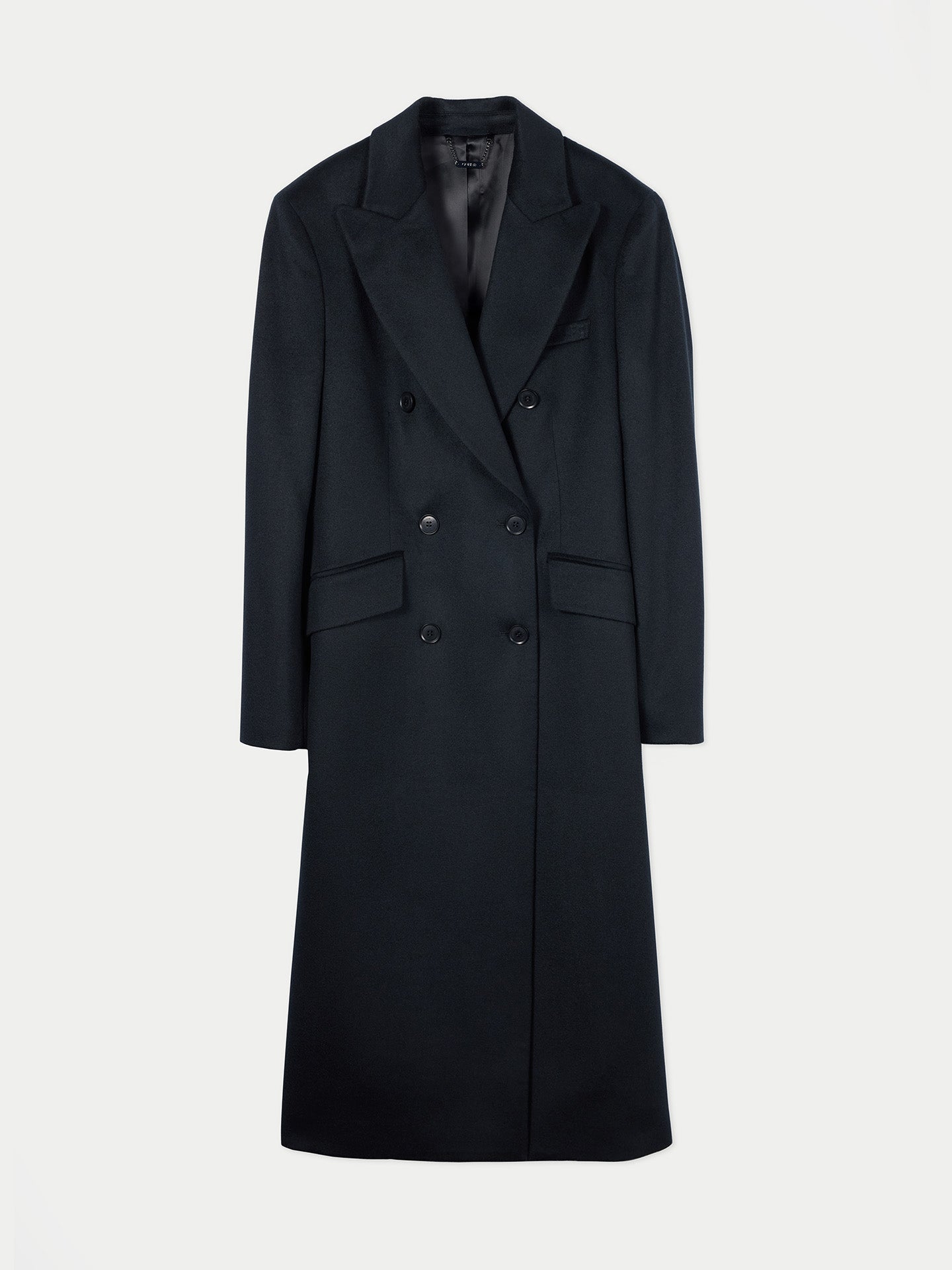 Vue de face d'un manteau croisé noir sur fond gris clair. #color_noir