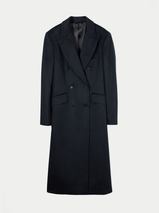Vue de face d'un manteau croisé noir sur fond gris clair. #color_noir